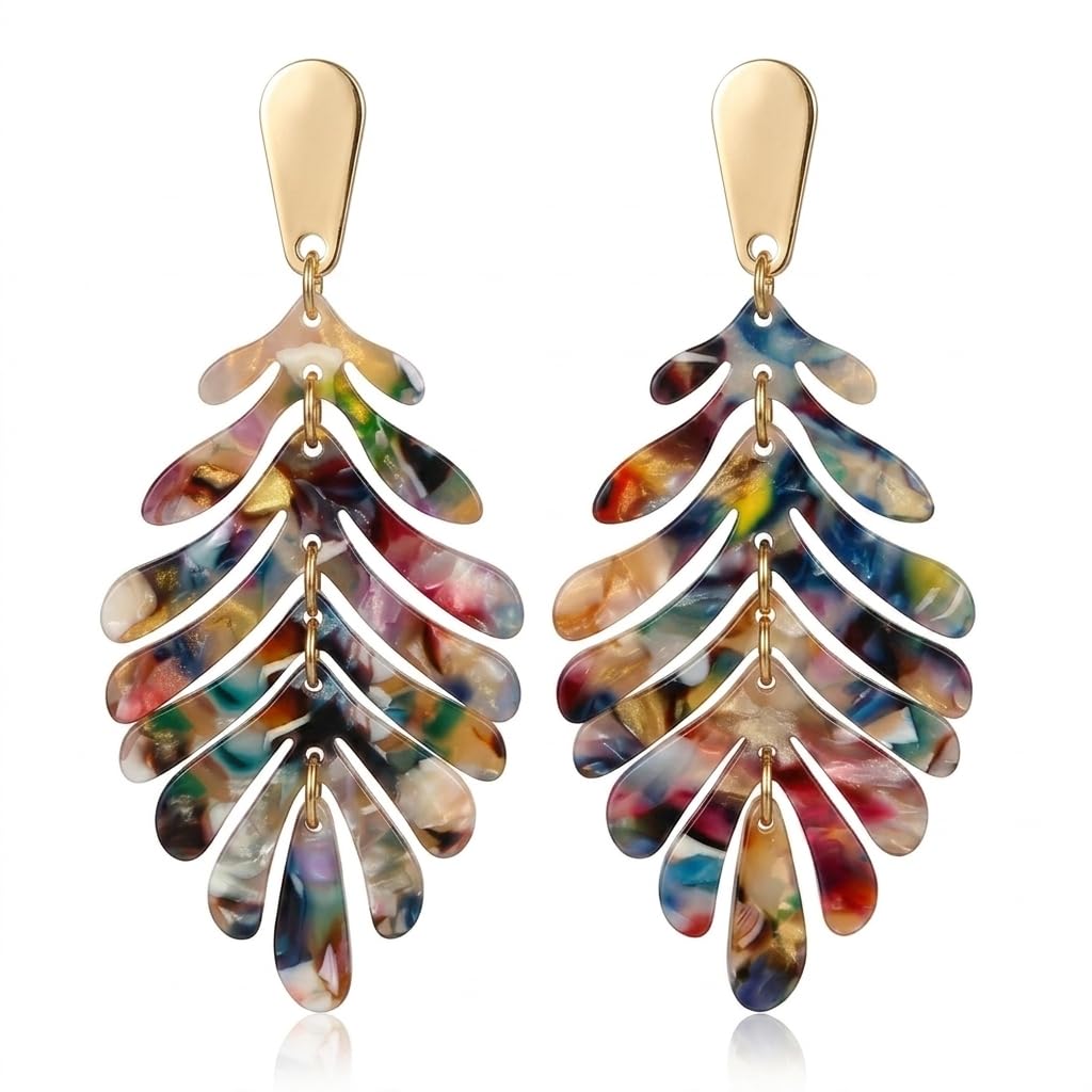 Sonateomber Large Gold Leaf Dangle Drop Earrings for Women, Long Statement Acrylic Palm Leaf Resin Dangling Earing Summer Beach Vacation Tropical Accessories Fashion Jewelry Gift