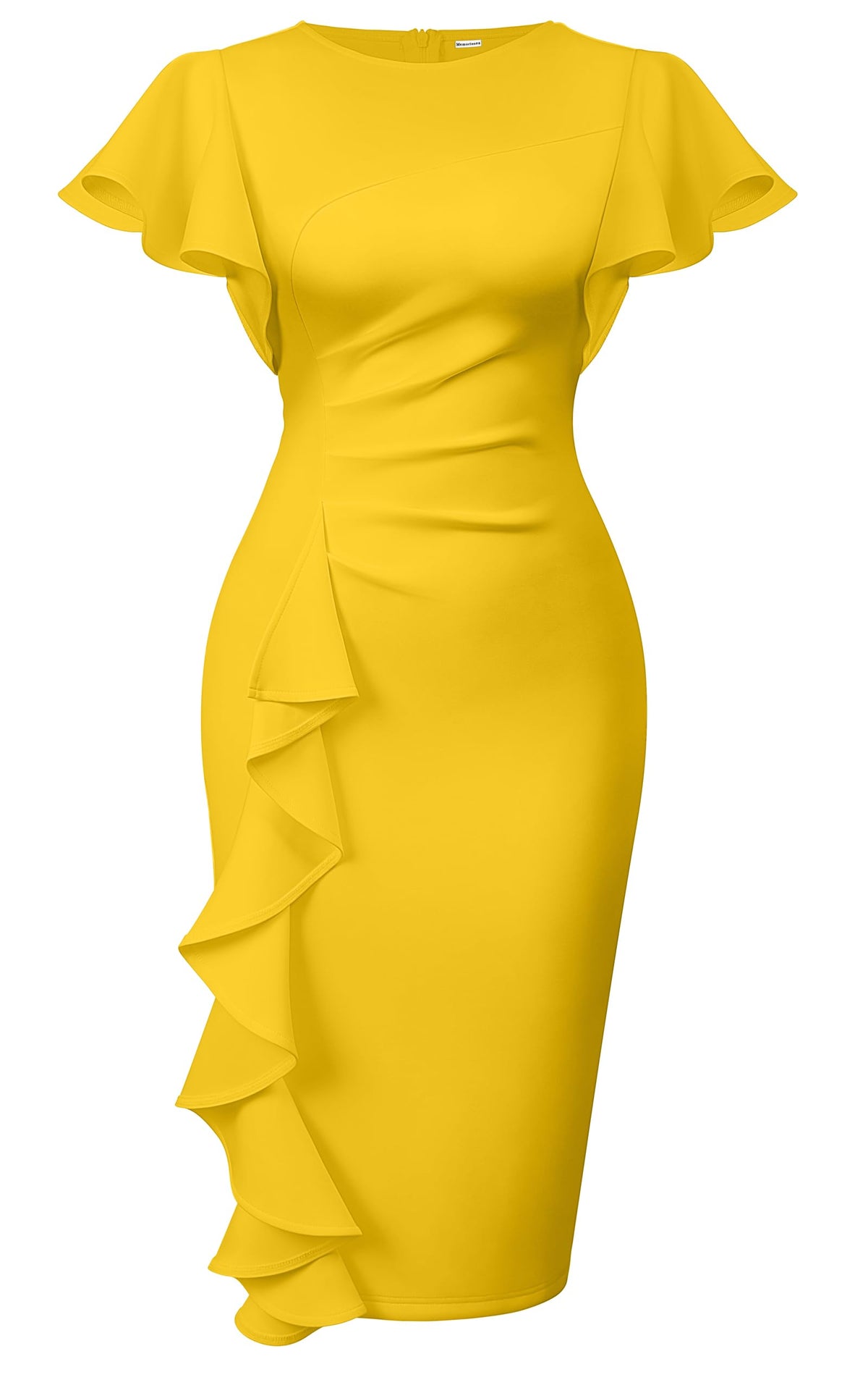 Memoriesea Women's Church Ruffle Sleeve Ruched Work Midi Dress | Back Zipper,Ruched Waist,Knee Length,Classic Sheath Outfits for Office Business Graduation Teacher Formal Cocktail Travel