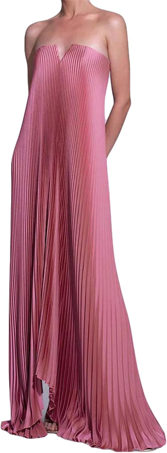 Qikaka Women's Sleeveless Off Shoulder Satin Pleated Ruffles Bodycon Sexy Nightclub Party Dress