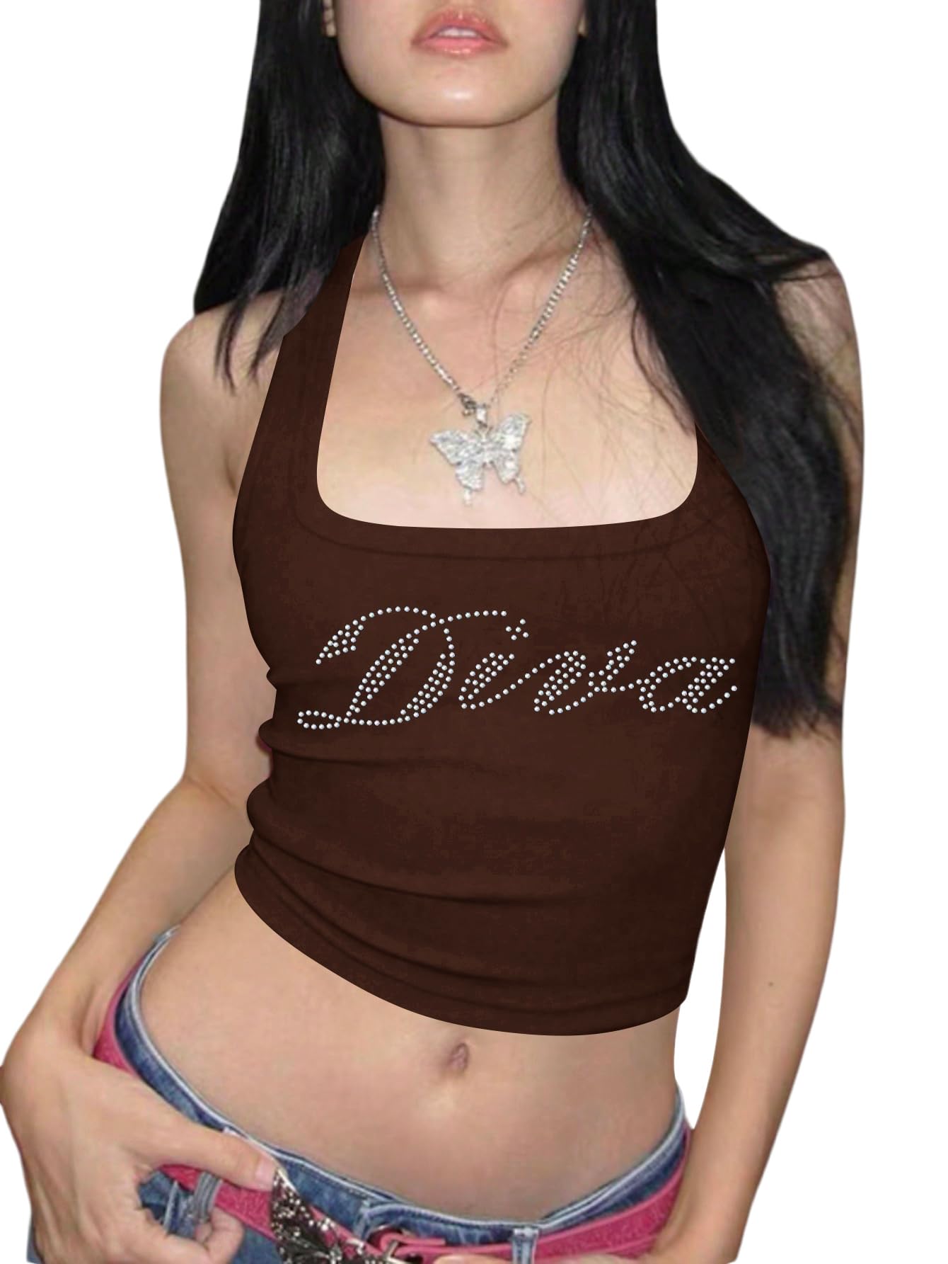 WDIRARA Women's Letter Rhinestone Crop Tank Top Y2k Rib Knit Tops | Racerback Square Neck Sleeveless