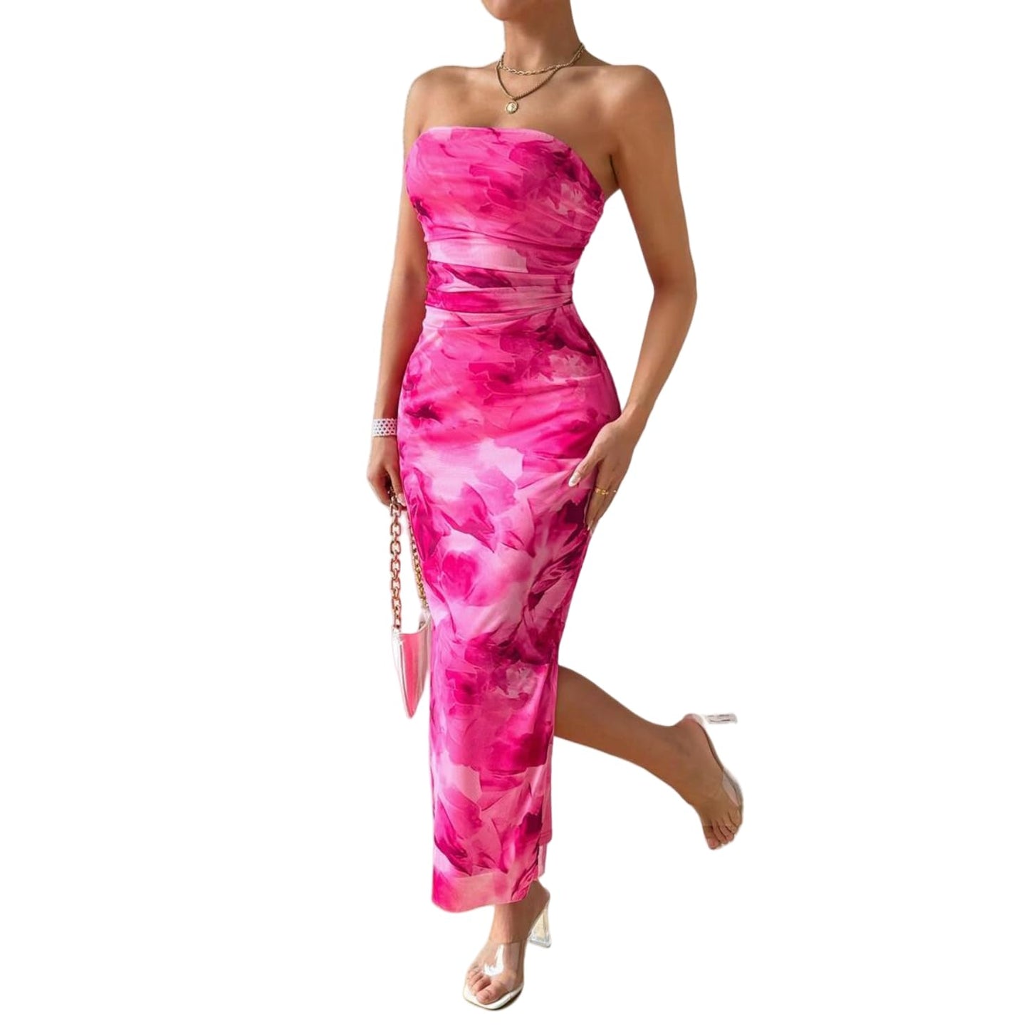 LIGHT DOT Women's Summer Dress Printed Strapless Tube Bodycon Maxi Side Slit Mesh Layered