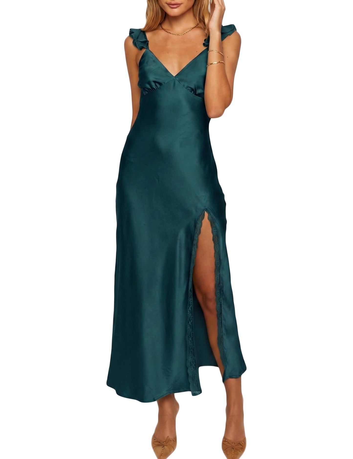 KOUNAI Women's Satin Summer Lace Slit Formal Midi Dress for Wedding Guest | Silk,Elegant,Ruffle Sleeve,Cocktail,Bridesmaid, Beach, Vacation,Party,Adjustable Straps,Graduation,Baby Showe,Engagement