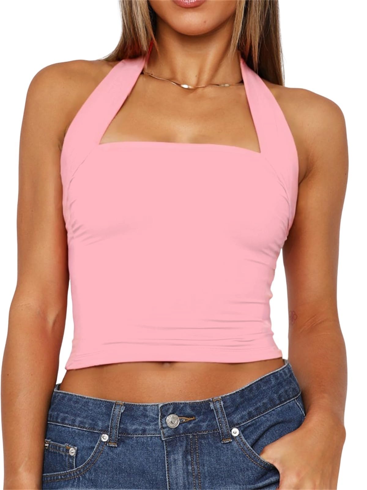 TiulZial Women Sexy Halter Neck Backless Tank Top Open Back Sleeveless Slim Fit Y2k Summer Tops
