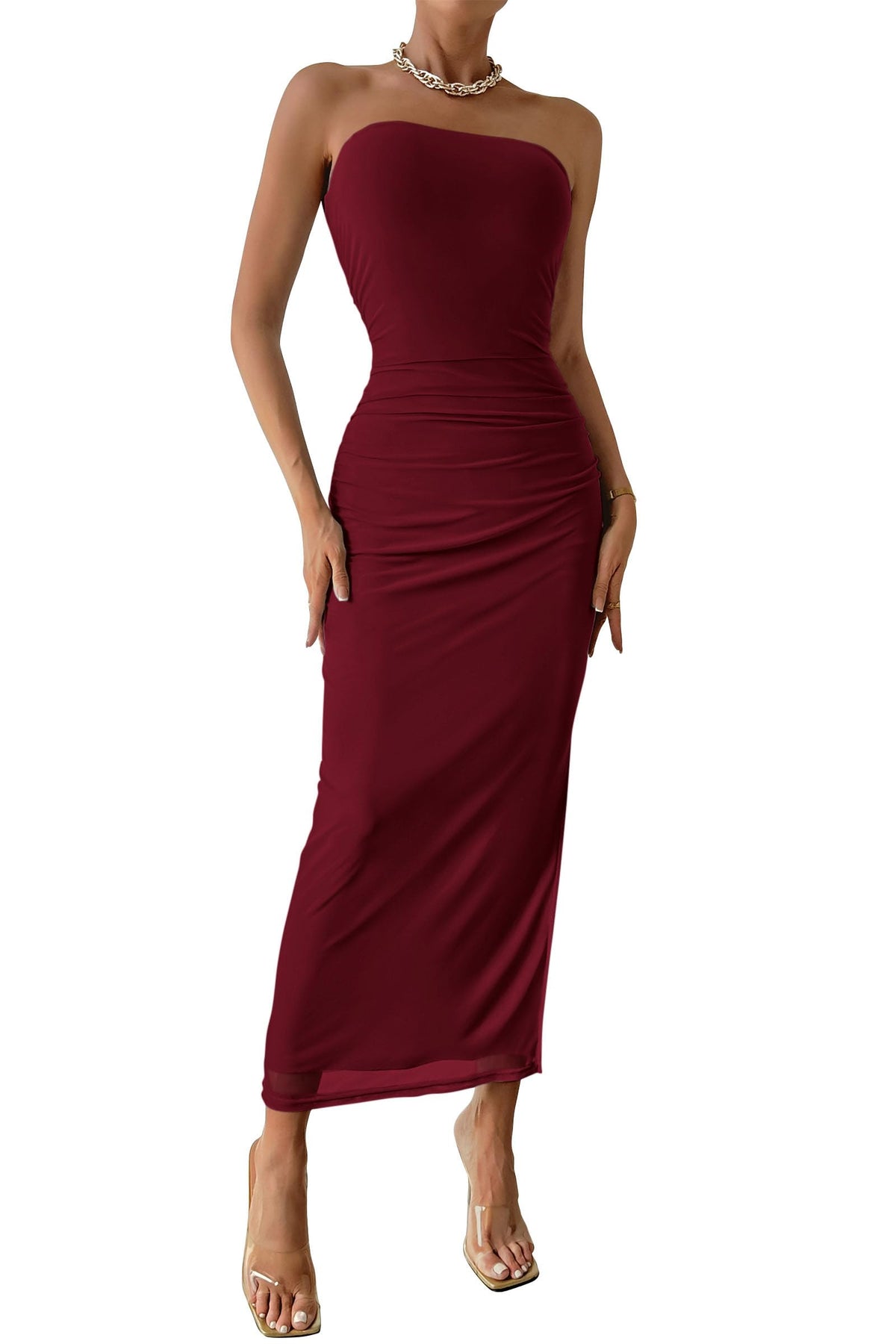 PRETTYGARDEN Women's Strapless Bodycon Floral Maxi Dress | Stretchy Lined Mesh, Long Tube Dresses, Ruched Slit, Spring Summer Y2K Outfits for Wedding, Date Night Party, Beach Vacation