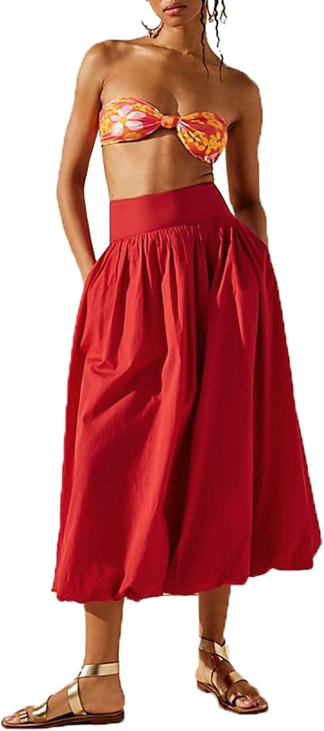 NUFIWI Women Y2k Bubble Maxi Skirt Low Elastic Waist A Line Long Skirt Summer Casual Ruffle Pleated Midi Dress