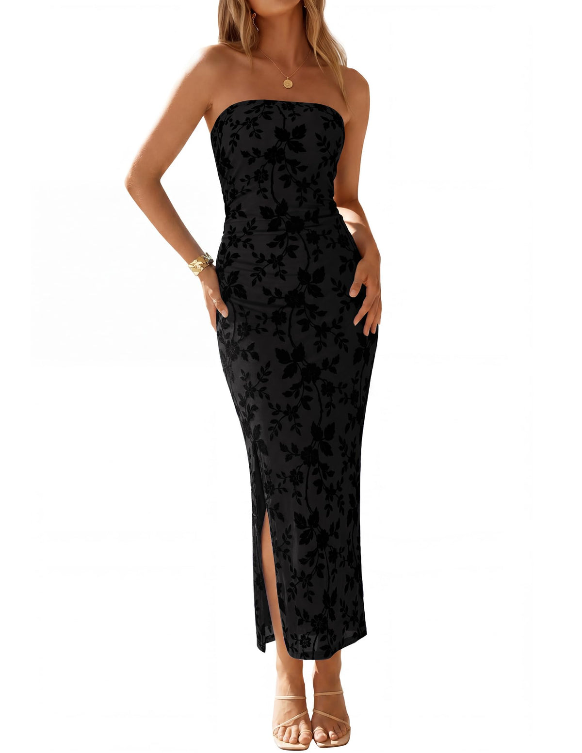 ZESICA Womens Summer Strapless Floral Bodycon Ruched Slit Maxi Formal Dress | Off Shoulder Mesh Casual Long Sundress, Elegant Sexy Dinner Dress, Beach Vacation Dress, Wedding Guest Cocktail Party Dress