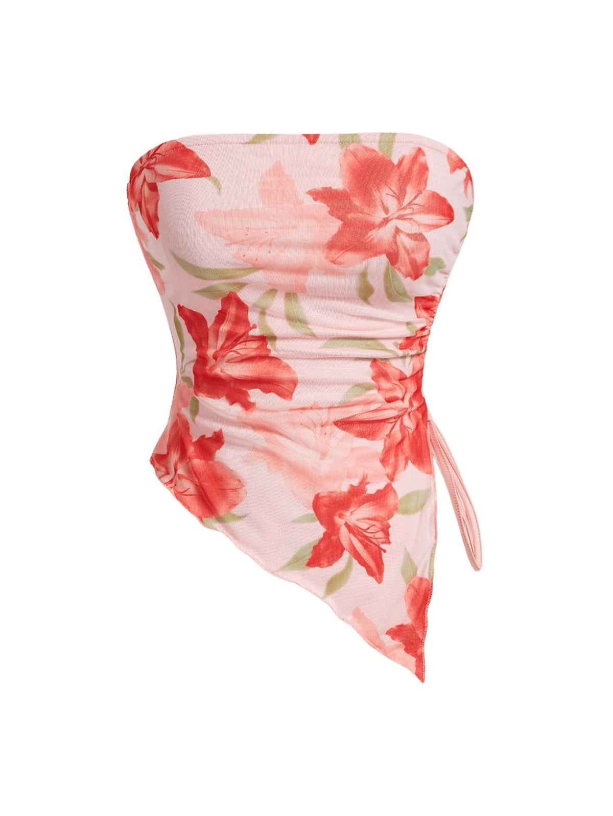 WDIRARA Women's Floral Strapless Side Ruched Asymmetrical Hem Tube Top | Y2k Floral, Strapless, Asymmetrical Hem, Side Ruched, Bandeau Crop Top