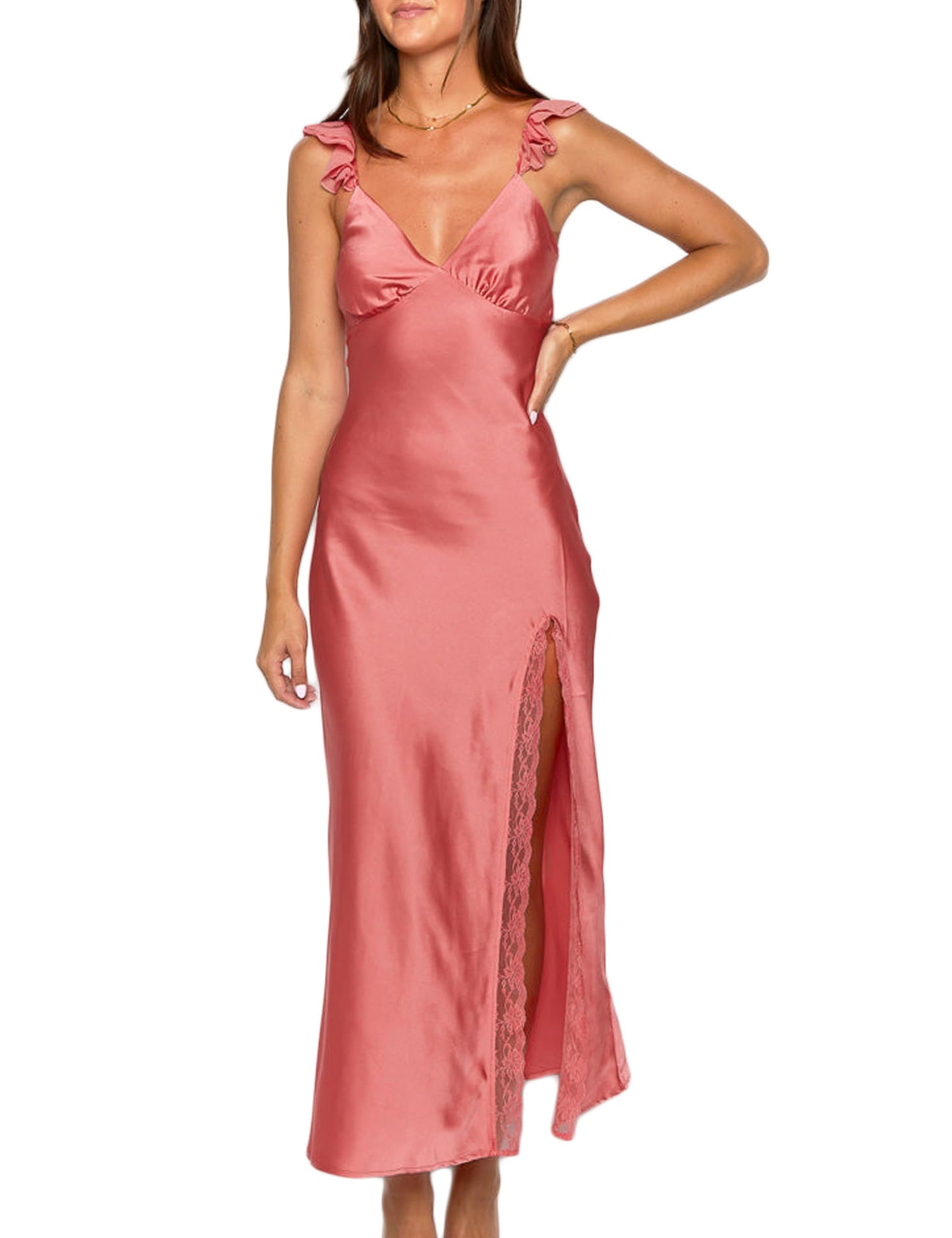 KOUNAI Women's Satin Summer Lace Slit Formal Midi Dress for Wedding Guest | Silk,Elegant,Ruffle Sleeve,Cocktail,Bridesmaid, Beach, Vacation,Party,Adjustable Straps,Graduation,Baby Showe,Engagement