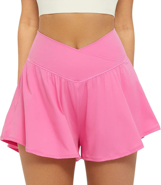 FireSwan Crossover Athletic Shorts for Women 2 in 1 Flowy Running Shorts with Pockets Spandex Butterfly Workout Tennis Skorts