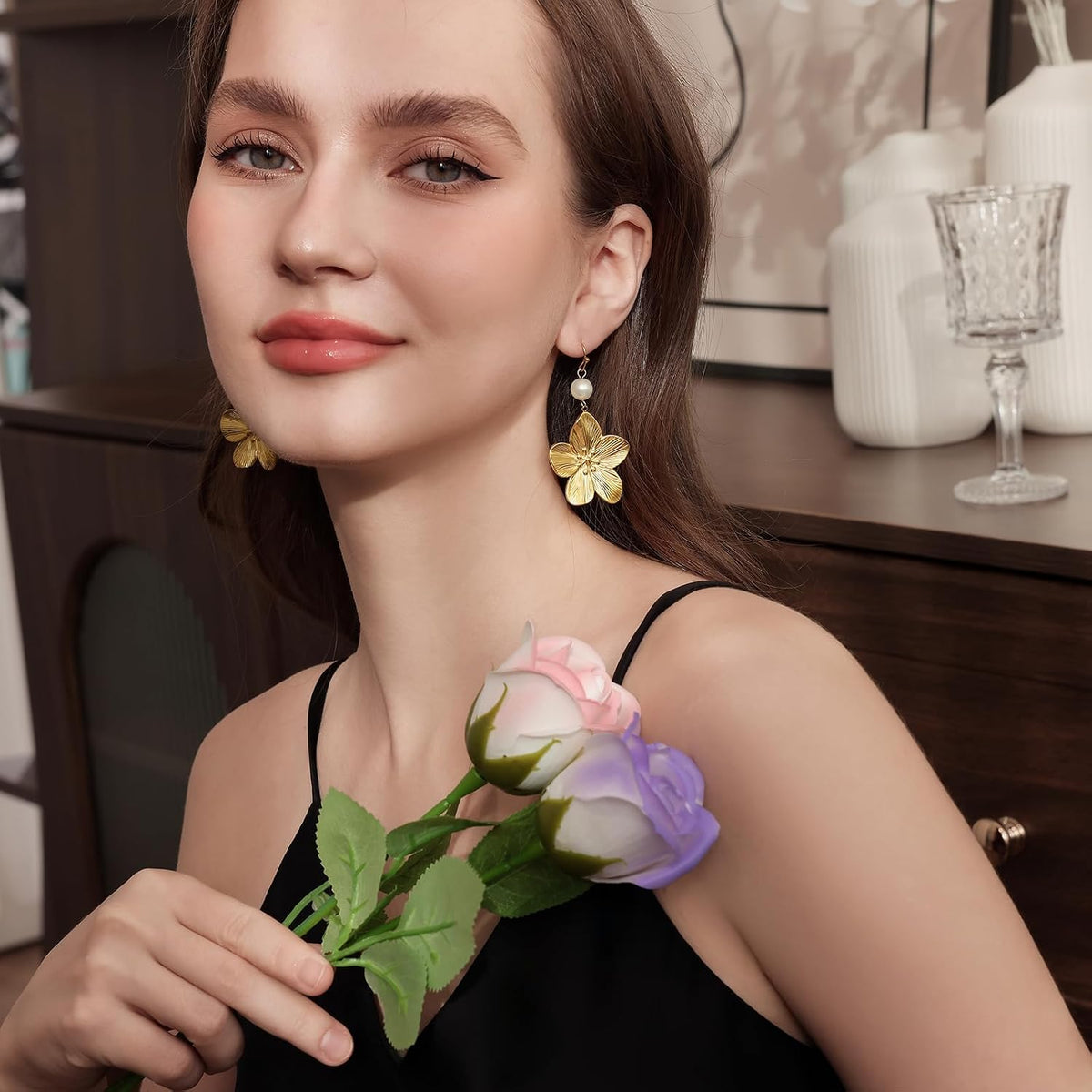Gold Flower Statement Earrings for Women, Large Chunky Bohomian Summer Beach Floral Earring, Irregular Bold Exaggerated Earrings