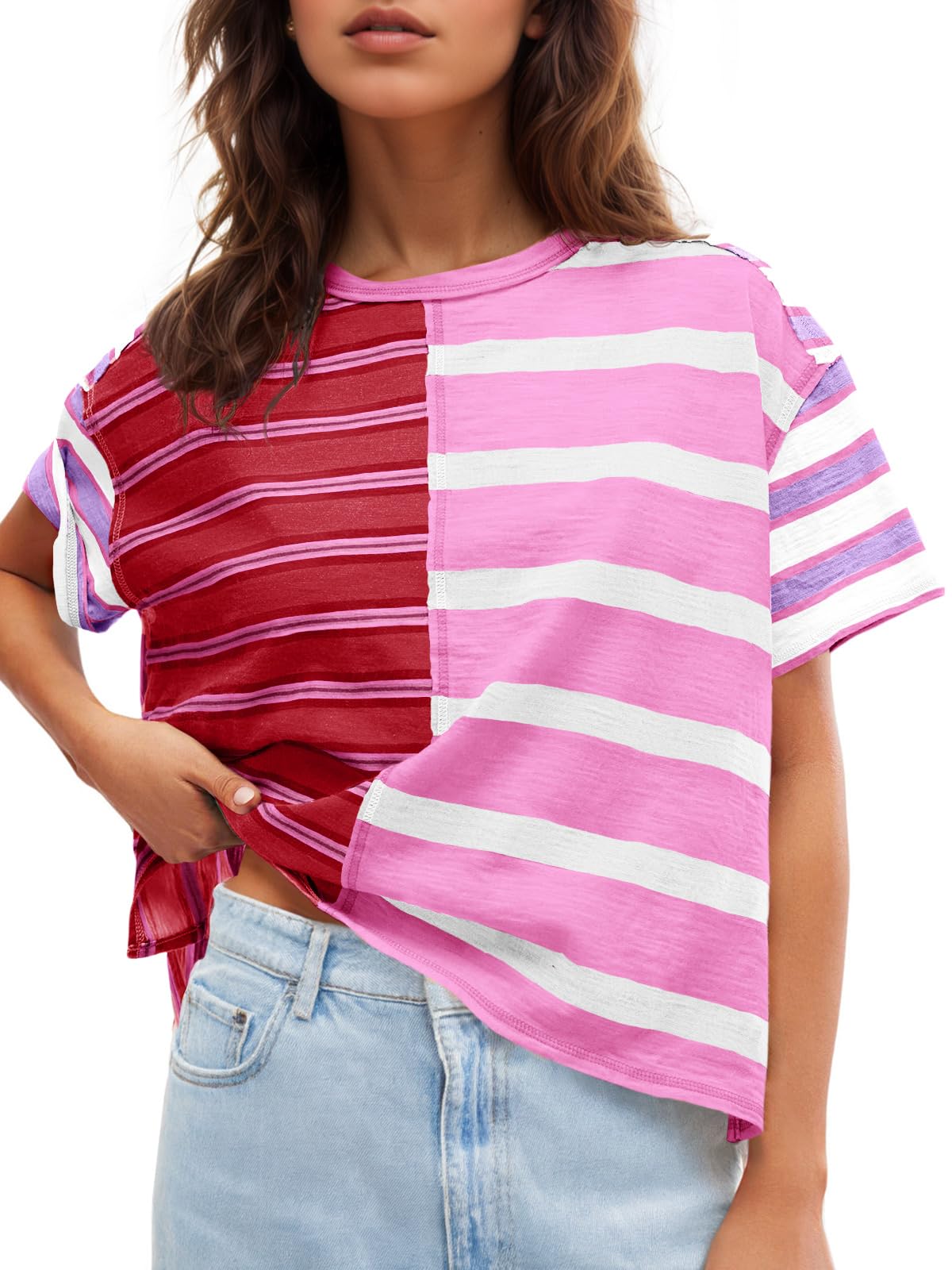Tankaneo Womens Summer Striped Shirts Casual Color Block Short Sleeve Tops Loose Fit Crew Neck Tees