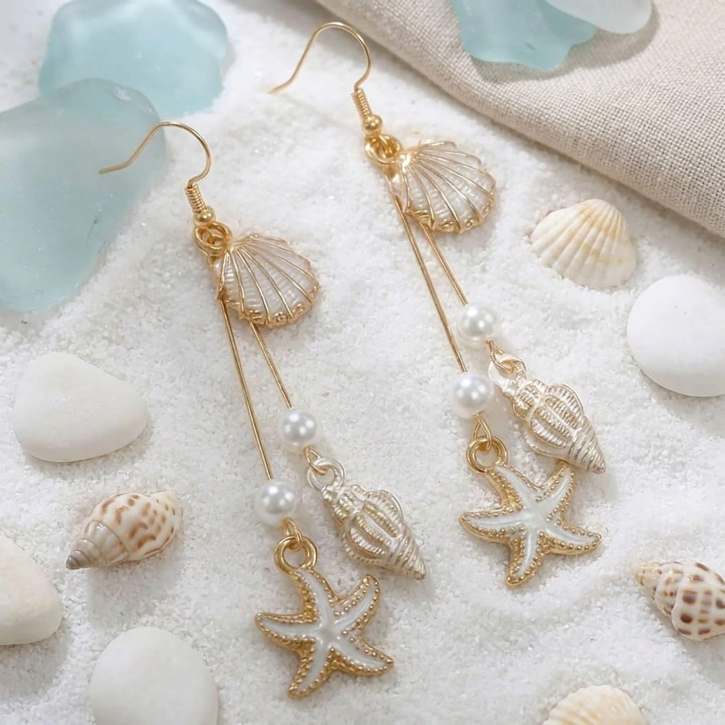 Gold Starfish Shell Dangle Drop Earrings Summer Beach Jewelry for Women | Boho Conch Shell Drop Earrings Ocean Beach Jewelry for Summer Vacation Outfits Accessories