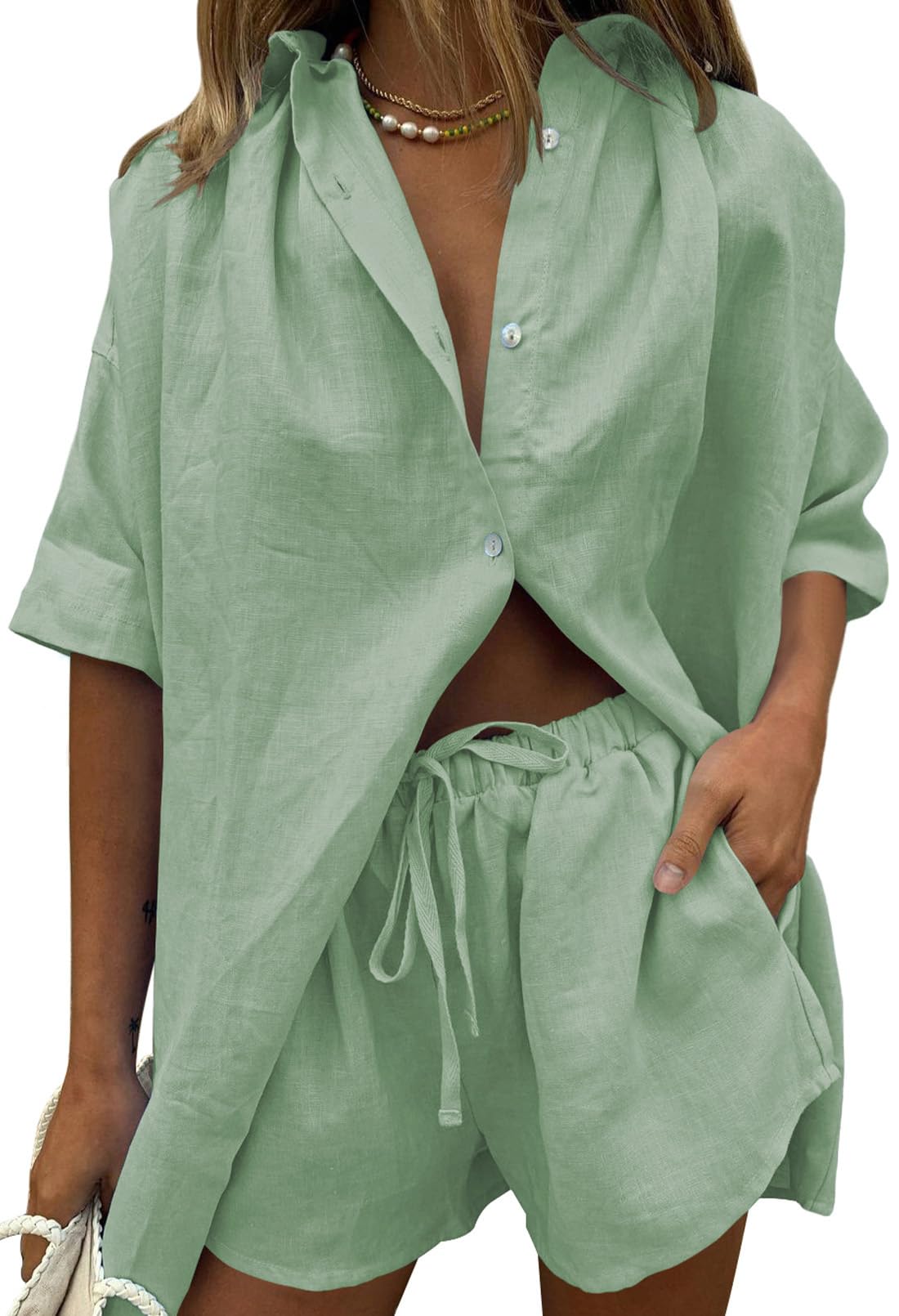 Fixmatti Women 2 Piece Outfits Long Sleeve Button Down Blouse and Shorts Sweatsuit Sets