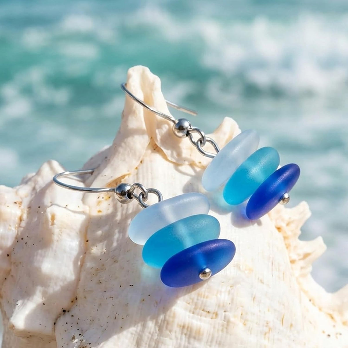 1 Pair Sea Glass Drop Dangle Earrings, Blue White Three Layer Gradient Handmade Sea Glass Jewelry for Women Beach Coastal Vacation