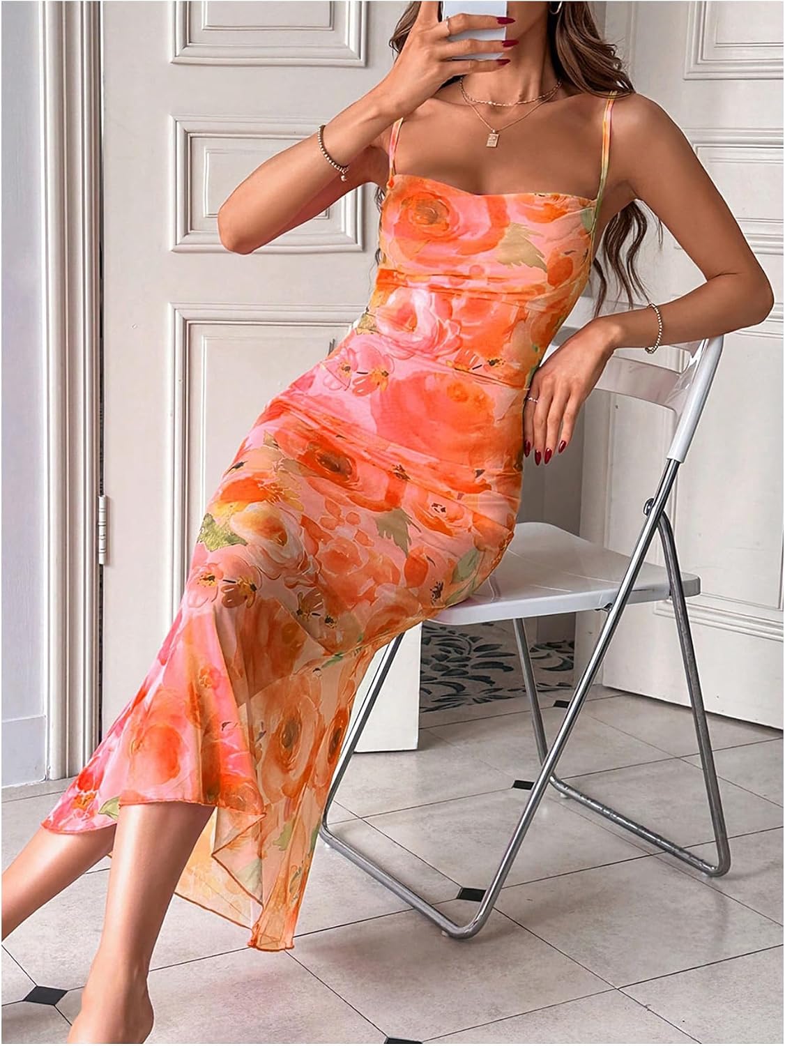 GORGLITTER Women's Floral Wedding Guest Bridal Shower Cocktail Midi Dress | Wedding Dresses for Bride, Bridesmaid, Orange Dress Women, Vacation Sunset Beach Outfits Woman