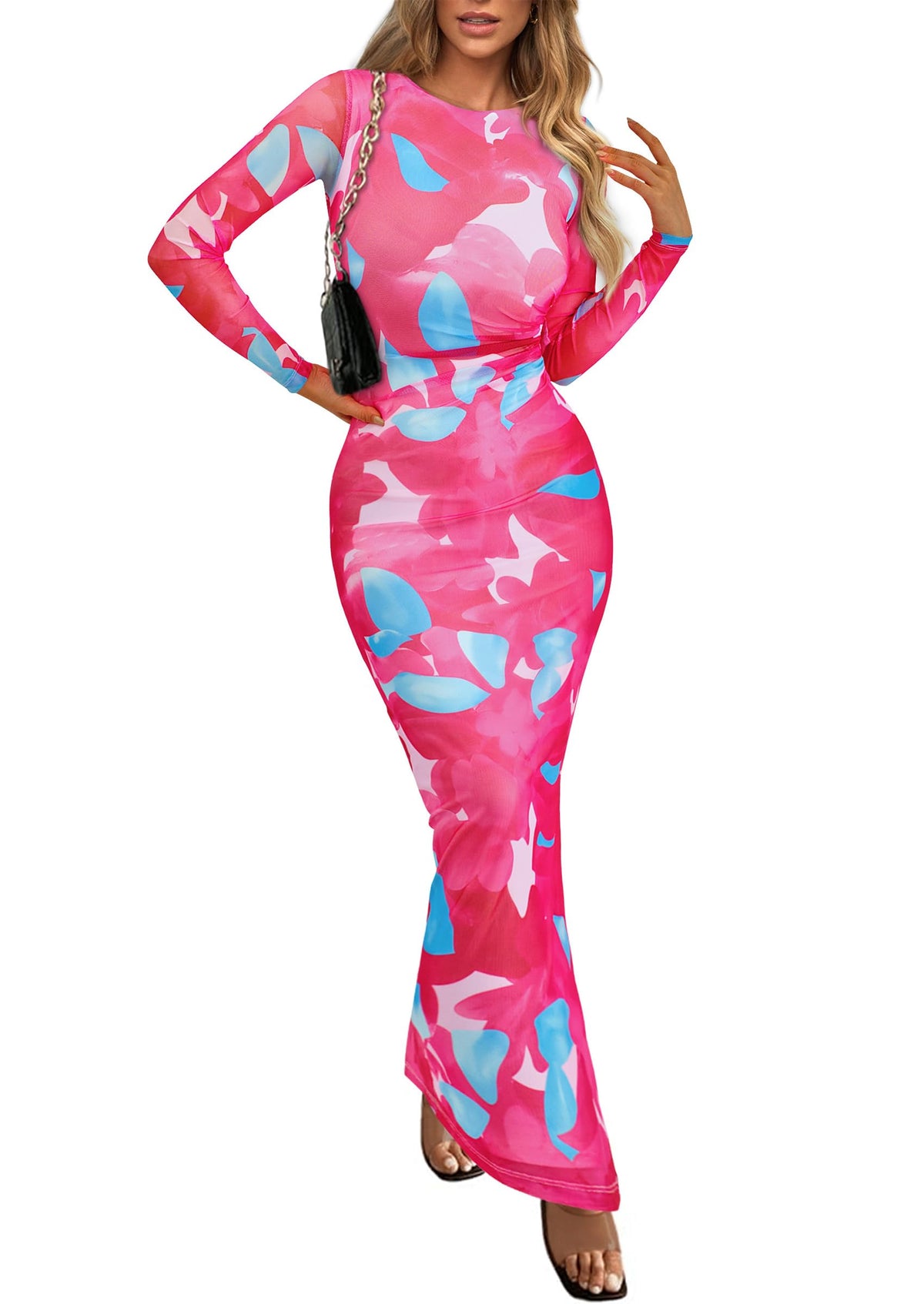 PRETTYGARDEN Women's Floral Bodycon Maxi Fall Dress | Sheer Mesh, Boho Tie Dye, Long Sleeve Fitted, Ruched Waist, Wedding Guest, Cocktail Party Holiday, Elegant Spring Outfits