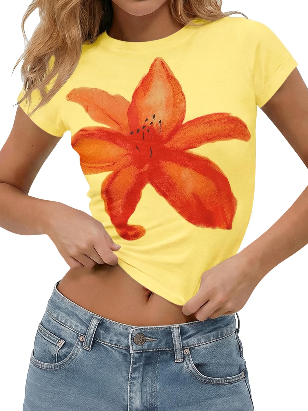 Tankaneo Womens Baby Tee Y2K Tops Summer Short Sleeve Graphic T Shirts | Floral Print, Crop Tops, Cotton, Short Sleeve, Slim Fit, Basic Tees