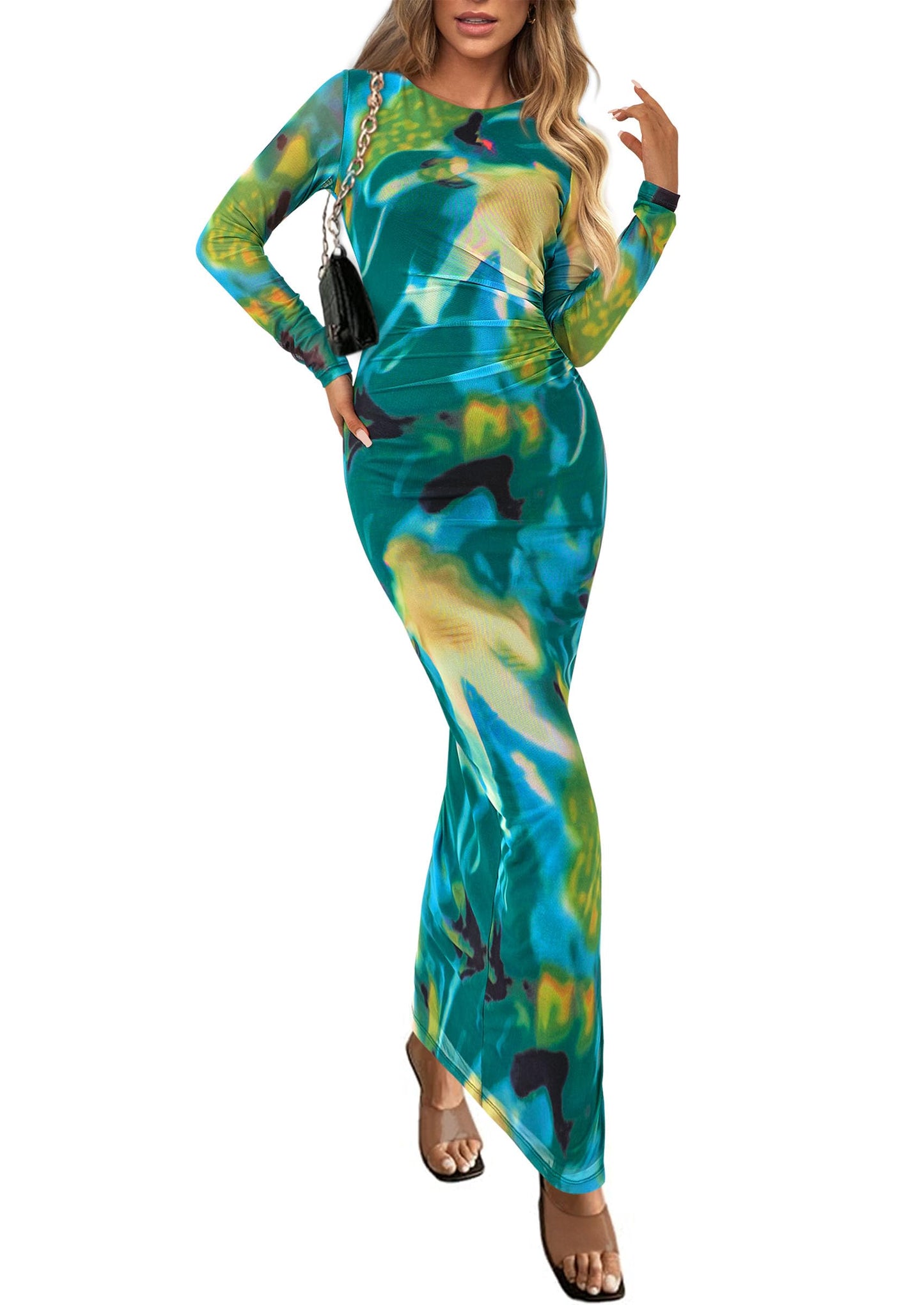 PRETTYGARDEN Women's Floral Bodycon Maxi Fall Dress | Sheer Mesh, Boho Tie Dye, Long Sleeve Fitted, Ruched Waist, Wedding Guest, Cocktail Party Holiday, Elegant Spring Outfits
