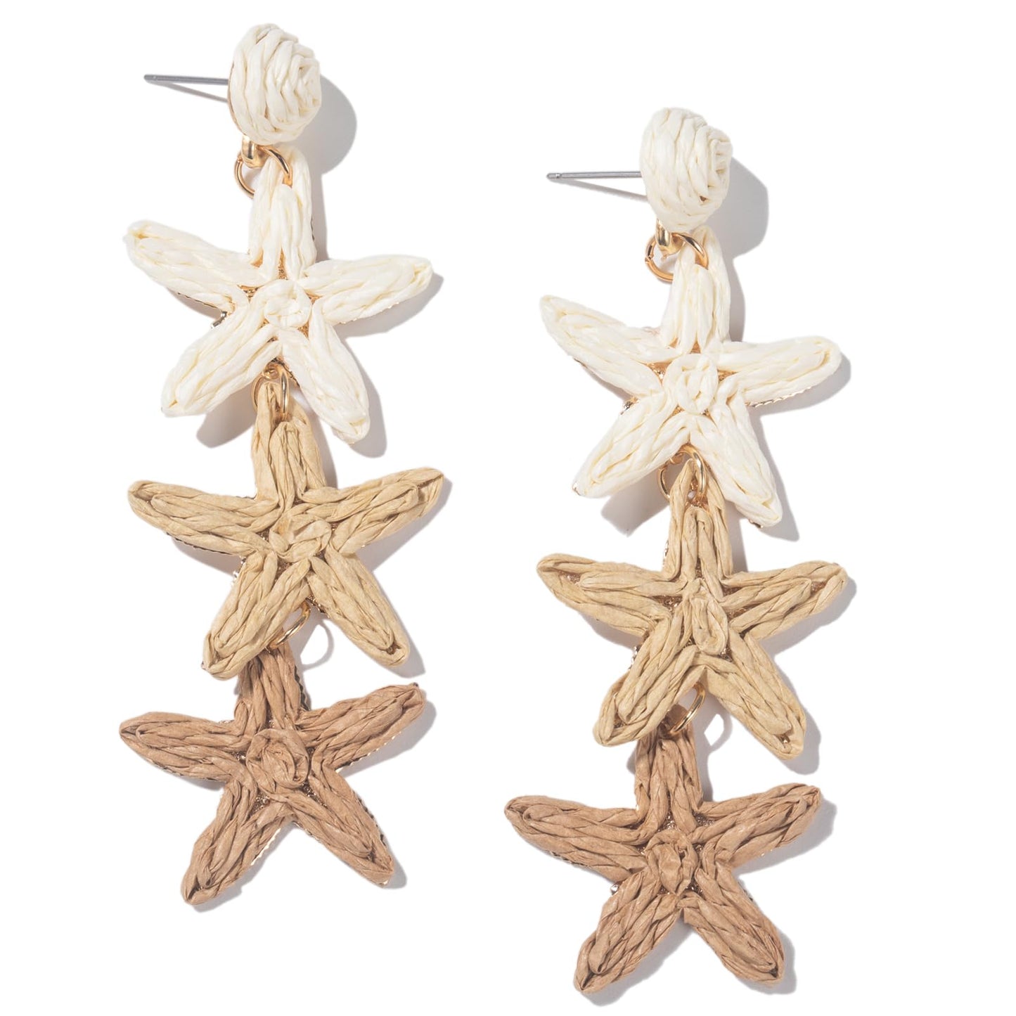 Raffia Starfish Seashell Dangle Drop Earrings Boho Summer Beach Jewelry | Fun Colorful Chunky Statement Long Big Shell Accessories Beachy Tropical Vacation Outfits for Women Trendy