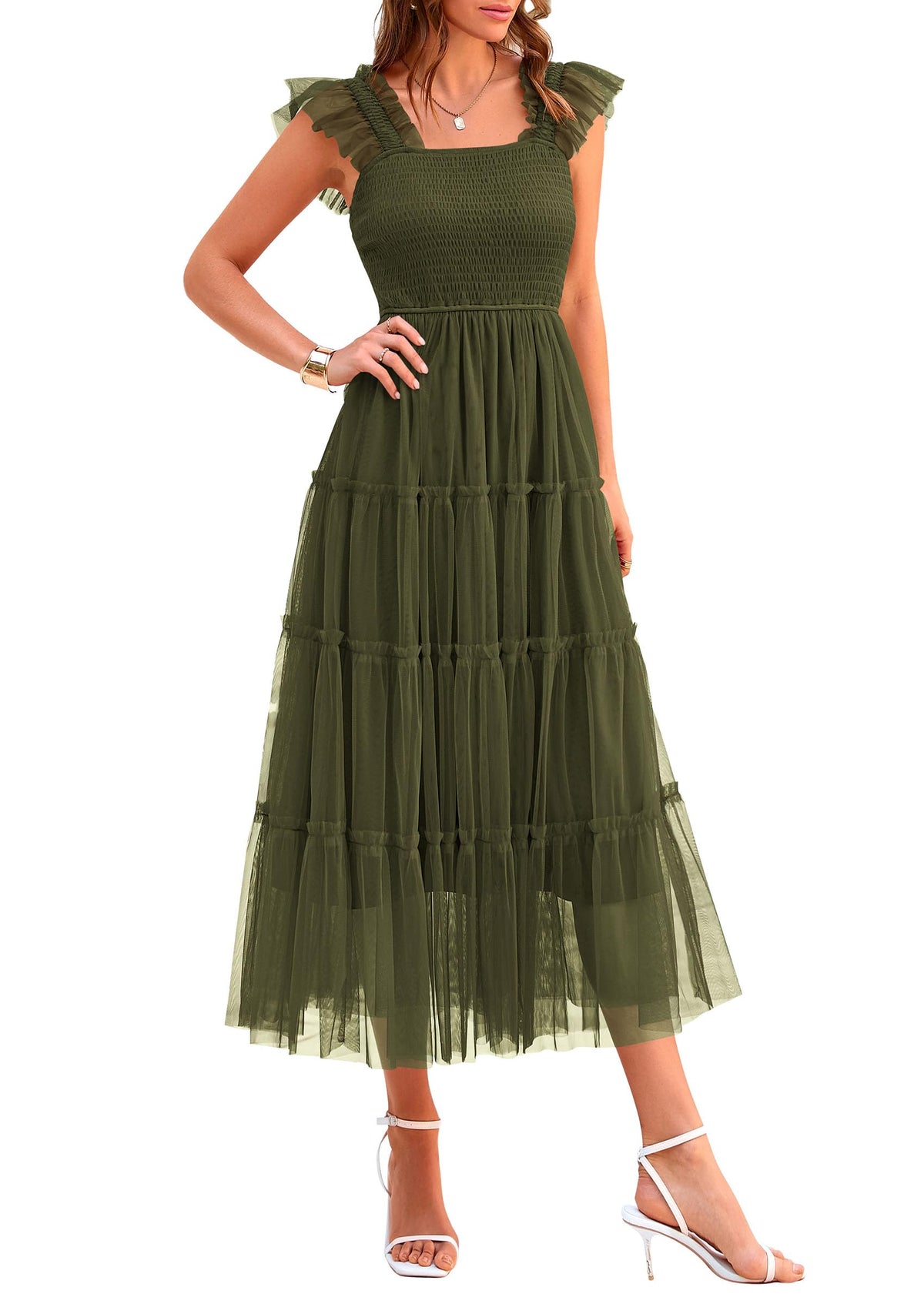PRETTYGARDEN Women's Summer Smocked Midi Tulle Dress | Sleeveless Square Neck A Line, Flowy Tiered Mesh, Spring Semi Formal Wedding Guest Outfits, Homecoming Prom Party Dresses