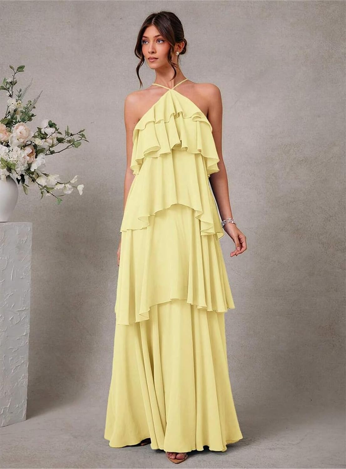 Chiffon Halter Bridesmaid Dresses for Women A Line Tiered Ruffle Long Formal Evening Gown