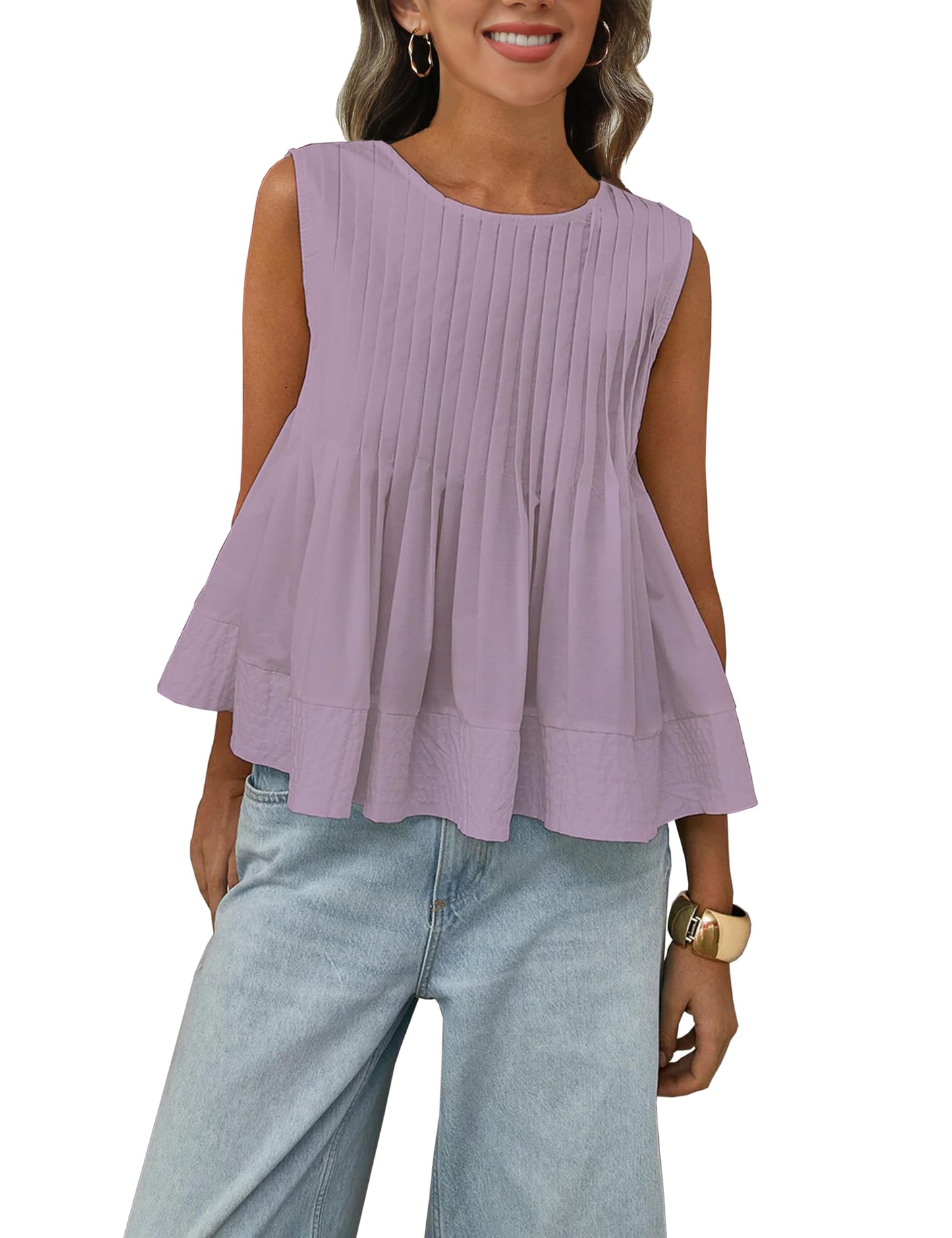 Megfie Womens Summer Pleated Peplum Sleeveless Blouse Tank Tops Round Neck Y2K Babydoll Blouse Shirt