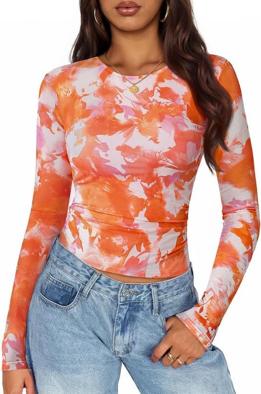 ZESICA Womens Floral Mesh Going Out Tops Fall Long Sleeve Y2K Shirts | Crew Neck, Slim Fit Ruched Top, Sexy Y2K Trendy Clothes, Date Night Outfit for Women