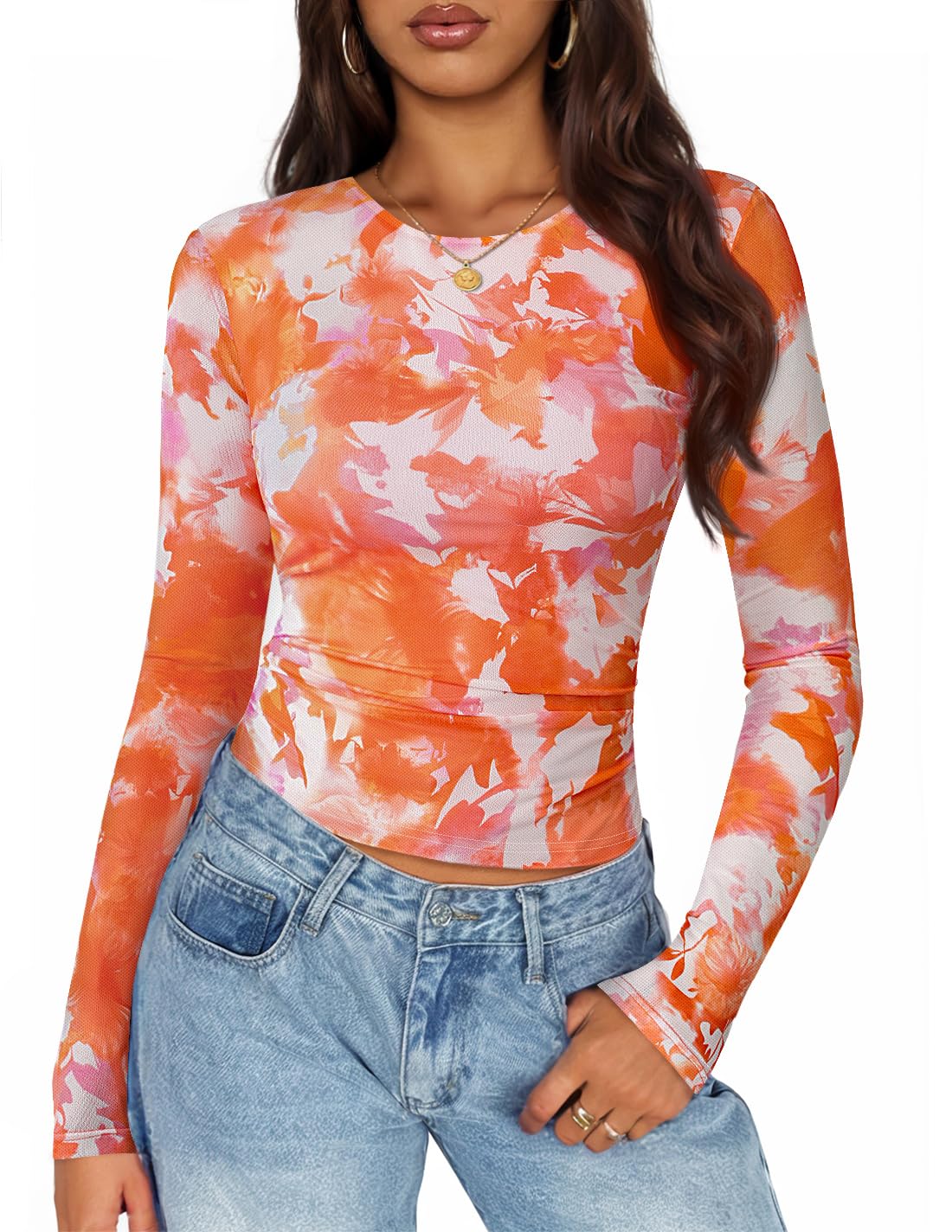 ZESICA Womens Floral Mesh Going Out Tops Fall Long Sleeve Y2K Shirts | Crew Neck, Slim Fit Ruched Top, Sexy Y2K Trendy Clothes, Date Night Outfit for Women