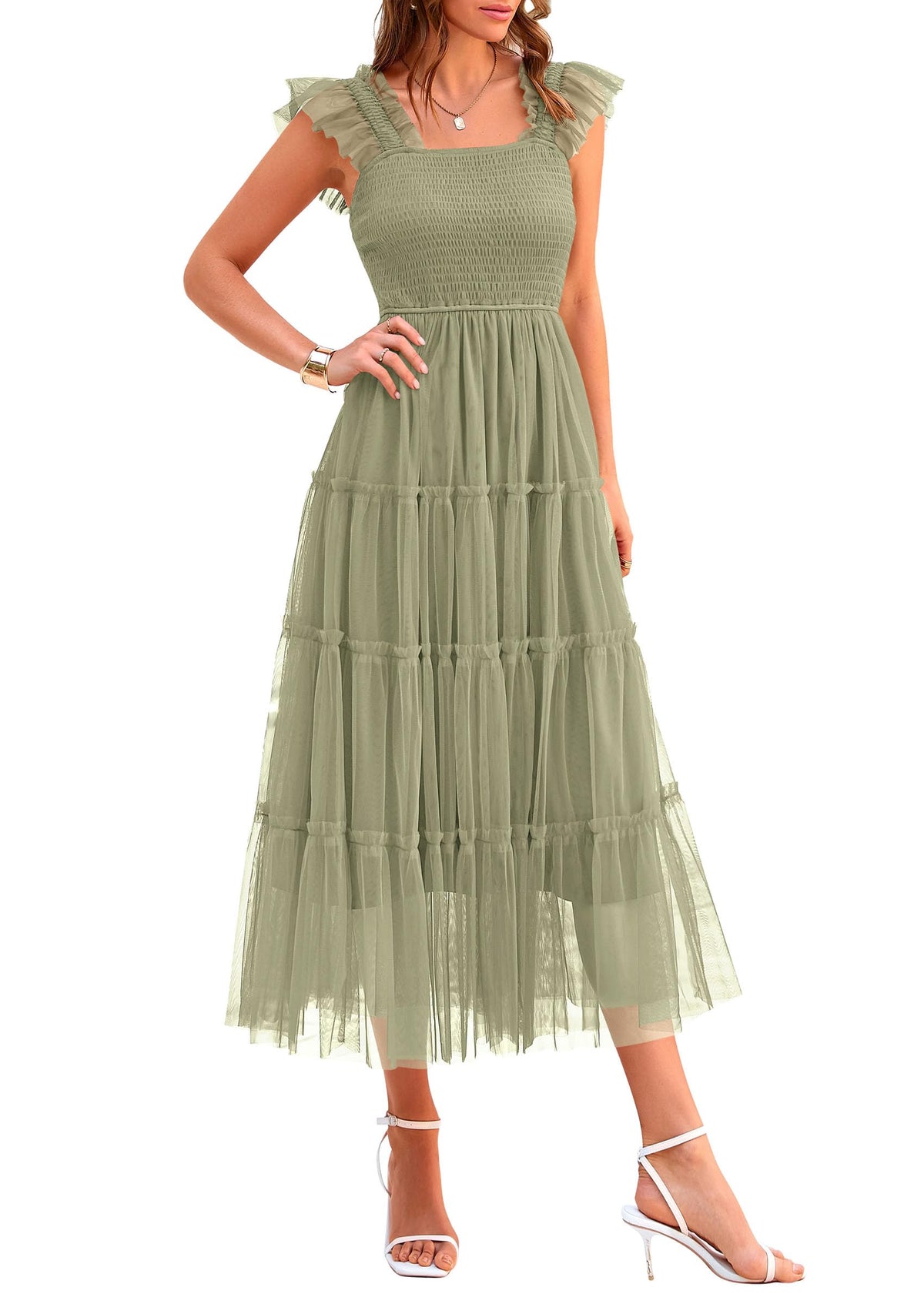 PRETTYGARDEN Women's Summer Smocked Midi Tulle Dress | Sleeveless Square Neck A Line, Flowy Tiered Mesh, Spring Semi Formal Wedding Guest Outfits, Homecoming Prom Party Dresses