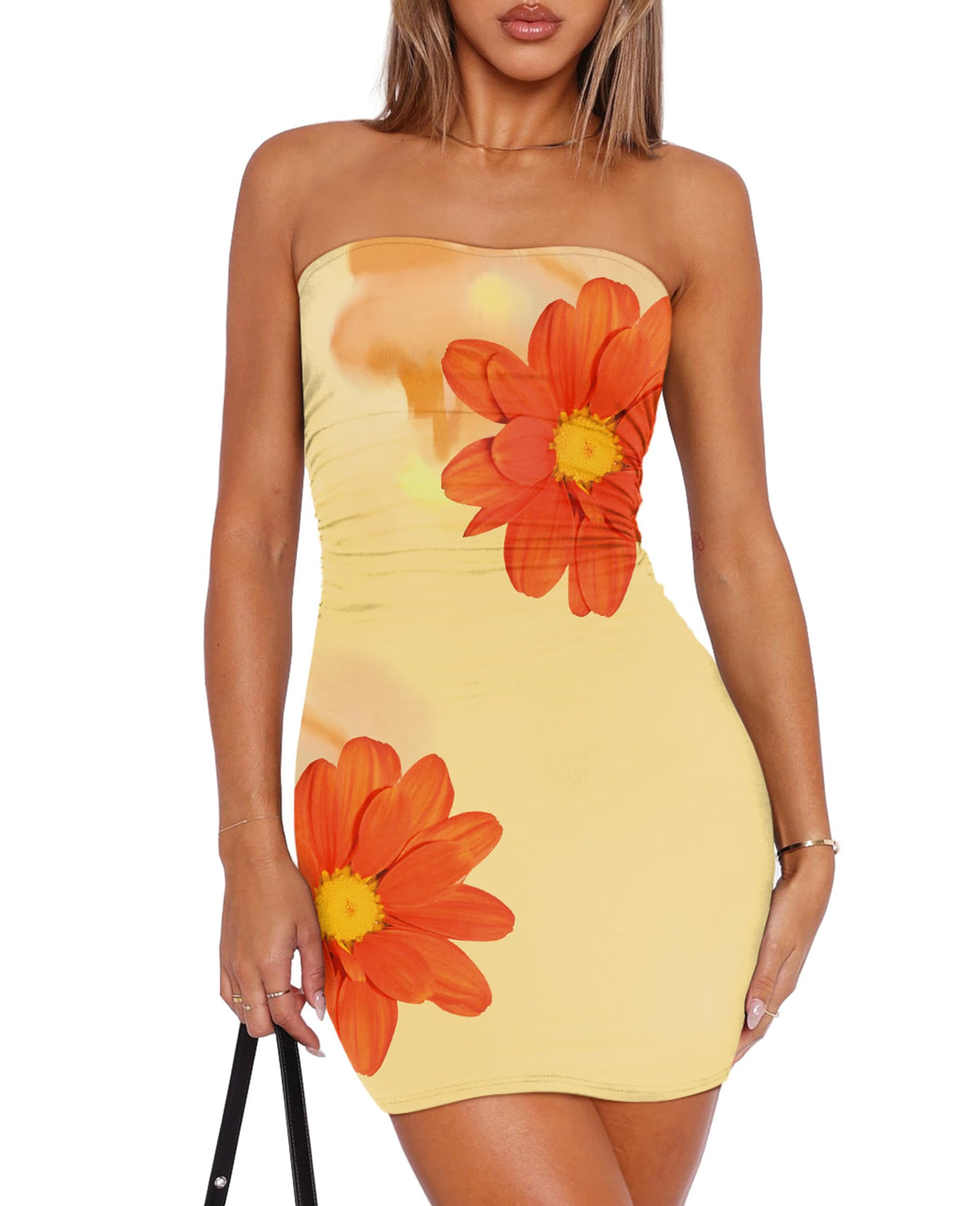 OFEEFAN Summer Dresses for Women 2025 Strapless Ruched Party Club Bodycon Mini Dress