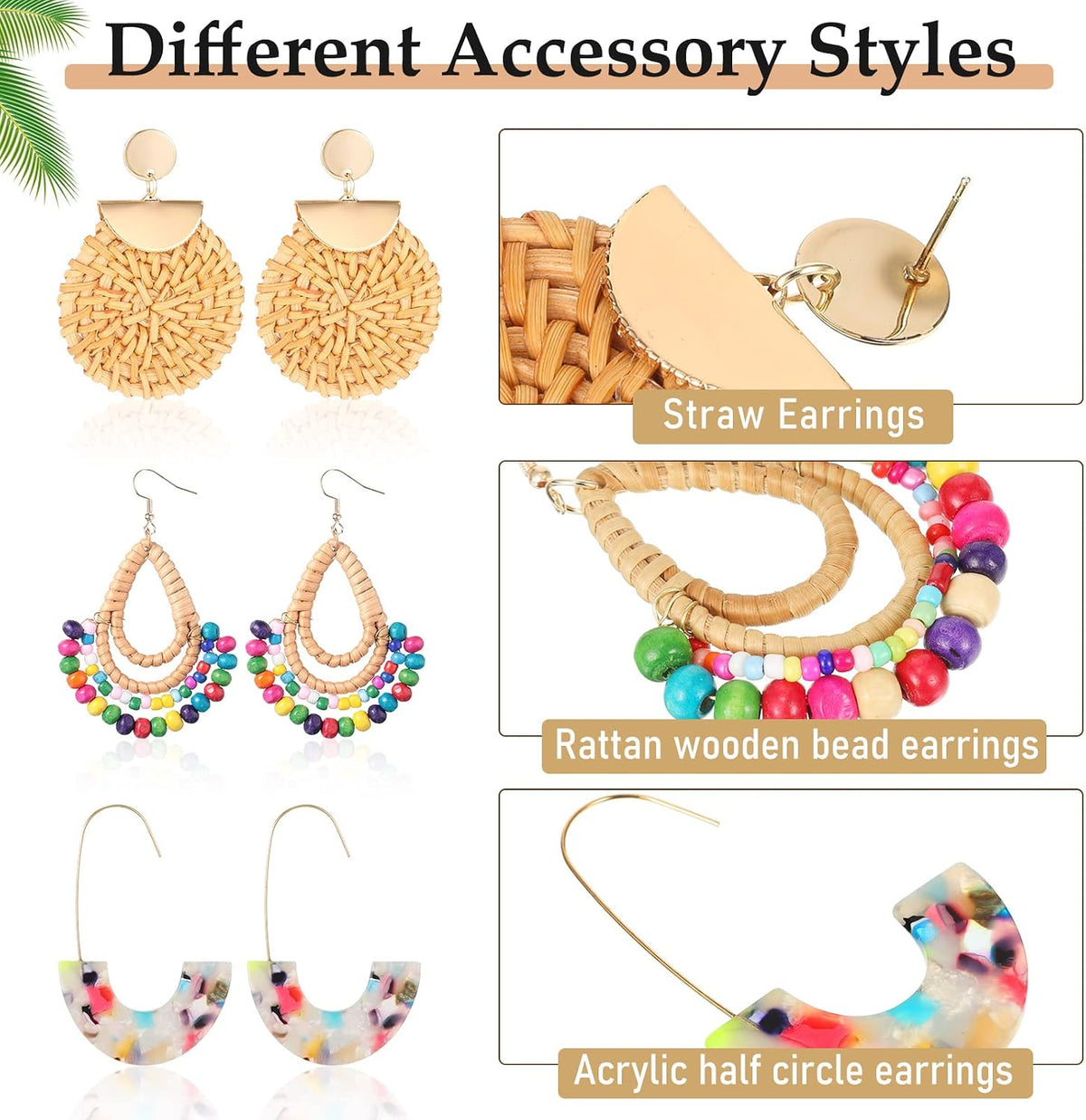 Hicarer 6 Pair Boho Rattan Earrings for Women | Straw Tassel Geometric, Summer Party Jewelry, Light Dangle Style, Beach Outfits, Vacation Looks, Boho Accessories