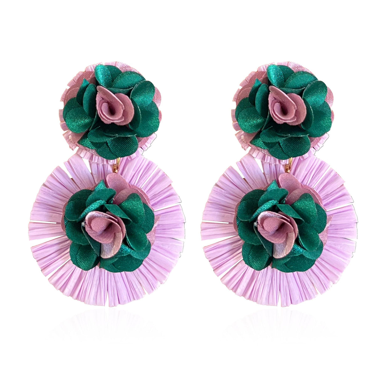 Hawaiian Vibrant Rattan Flower Statement Drop Earrings | Boho Lightweight Cute and Fun Big Raffia Straw Wrapped Floral Dangle Earrings for Women Tropical Sea Vacation Beachy Jewelry