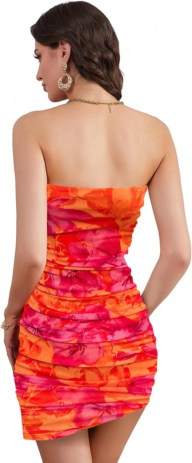 WDIRARA Women's Mesh Strapless Ruched Tube Mini Dress Floral Short Bodycon Dresses