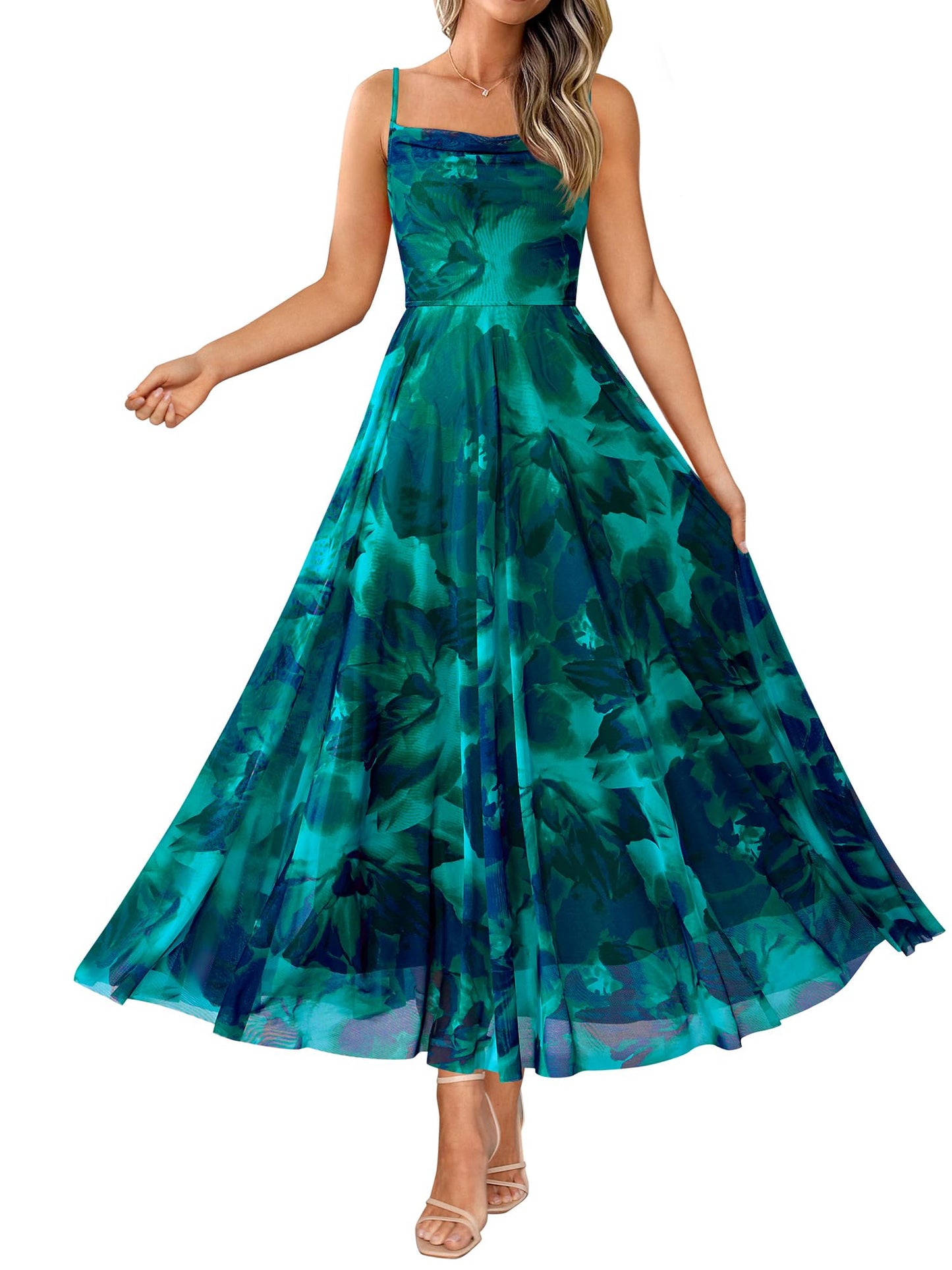 BTFBM Women Summer Maxi Dresses Elegant Wedding Guest Dress | Cowl Neck,Spaghetti Strap,Mesh,Floral,A-Line,Flowy,Party,Cocktail,Homecoming,Graduation,Sundress,Prom,Beach Long Dresses