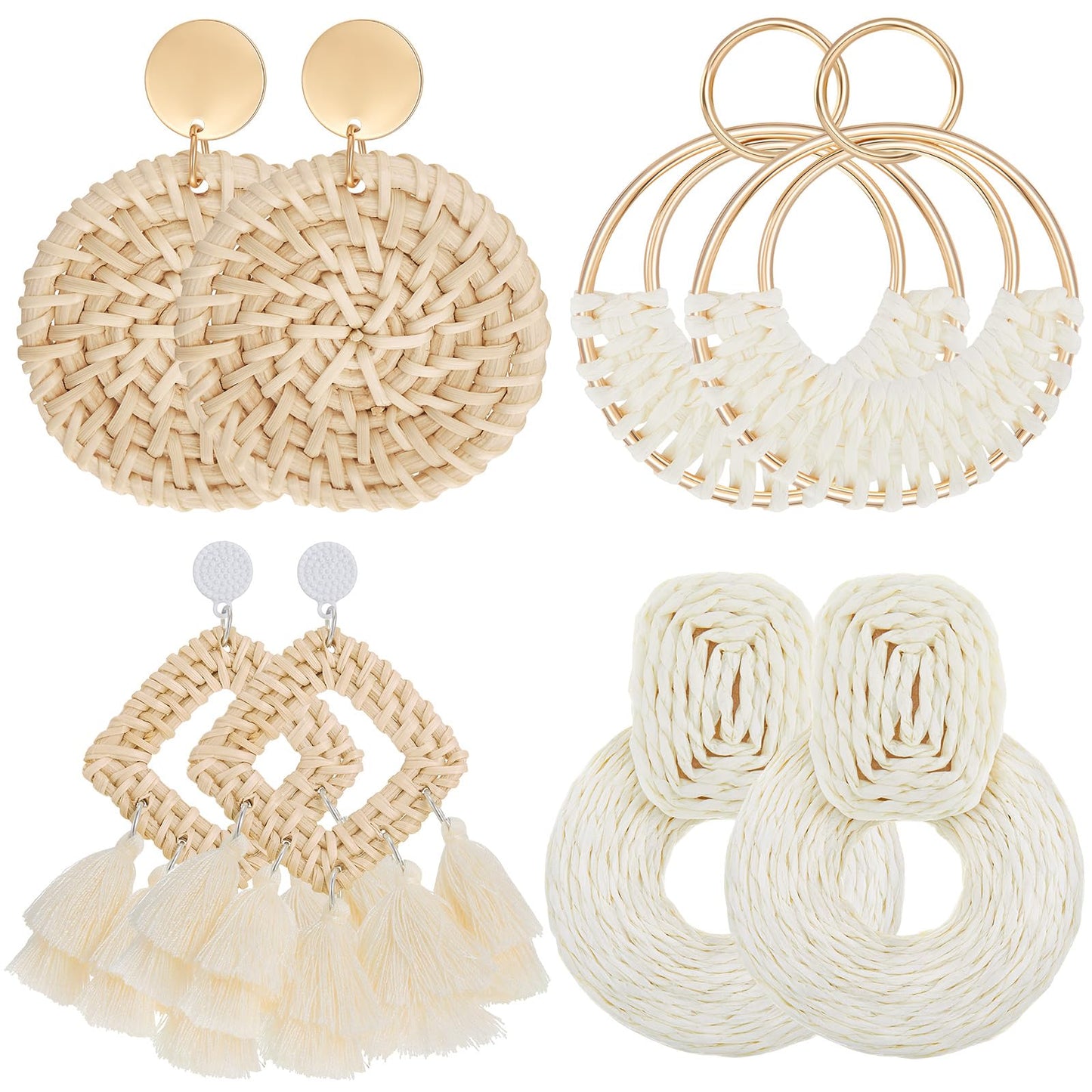 meekoo 4 Pairs Handmade Rattan Earrings for Women, Boho Straw Dangle Statement Earrings for Beach Vacation Summer Jewelry