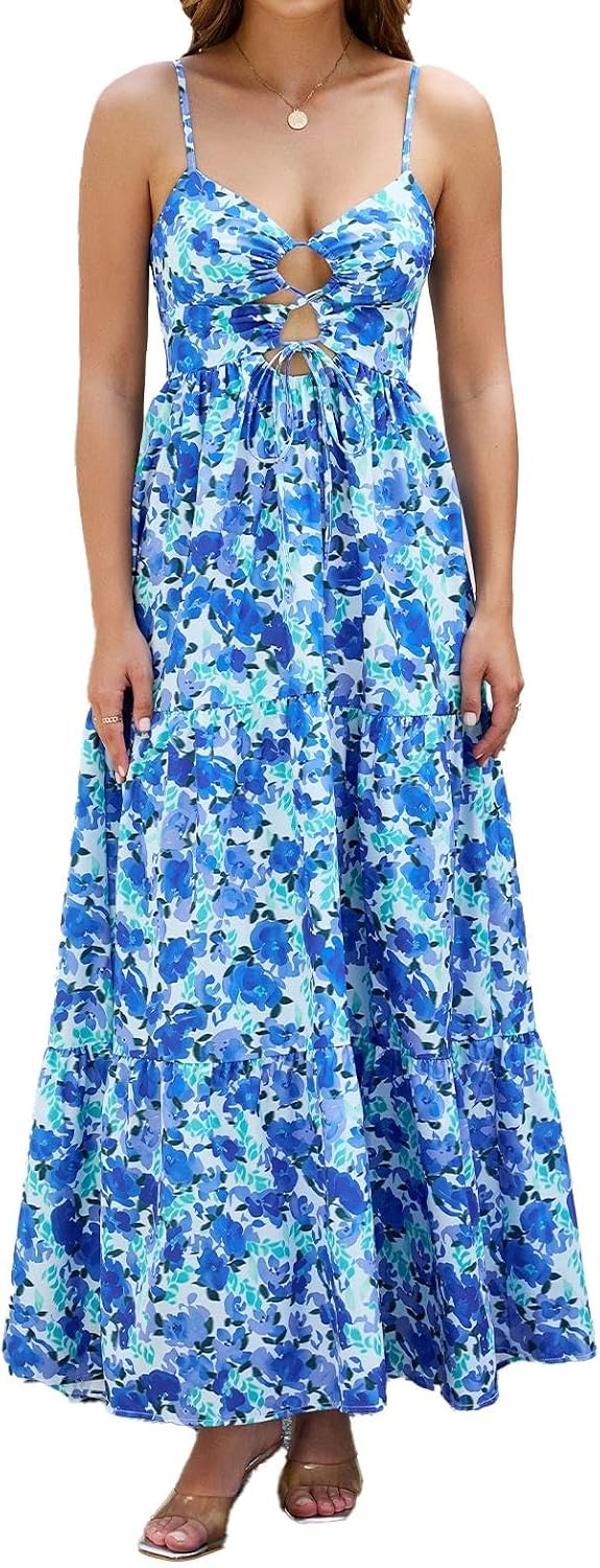 ABYOVRT Women Floral Maxi Dress Tie Front Cut Out Backless Boho Spaghetti Strap Summer Beach Sundress