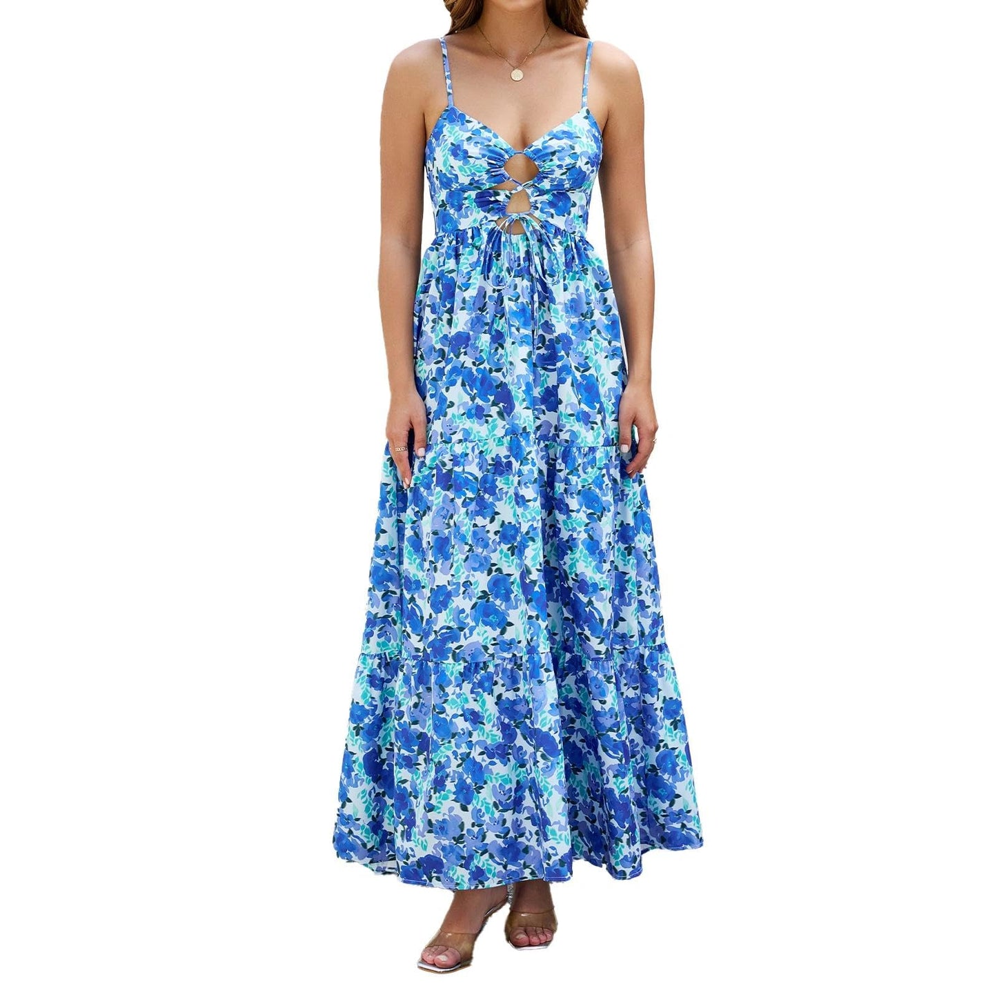 ABYOVRT Women Floral Maxi Dress Tie Front Cut Out Backless Boho Spaghetti Strap Summer Beach Sundress