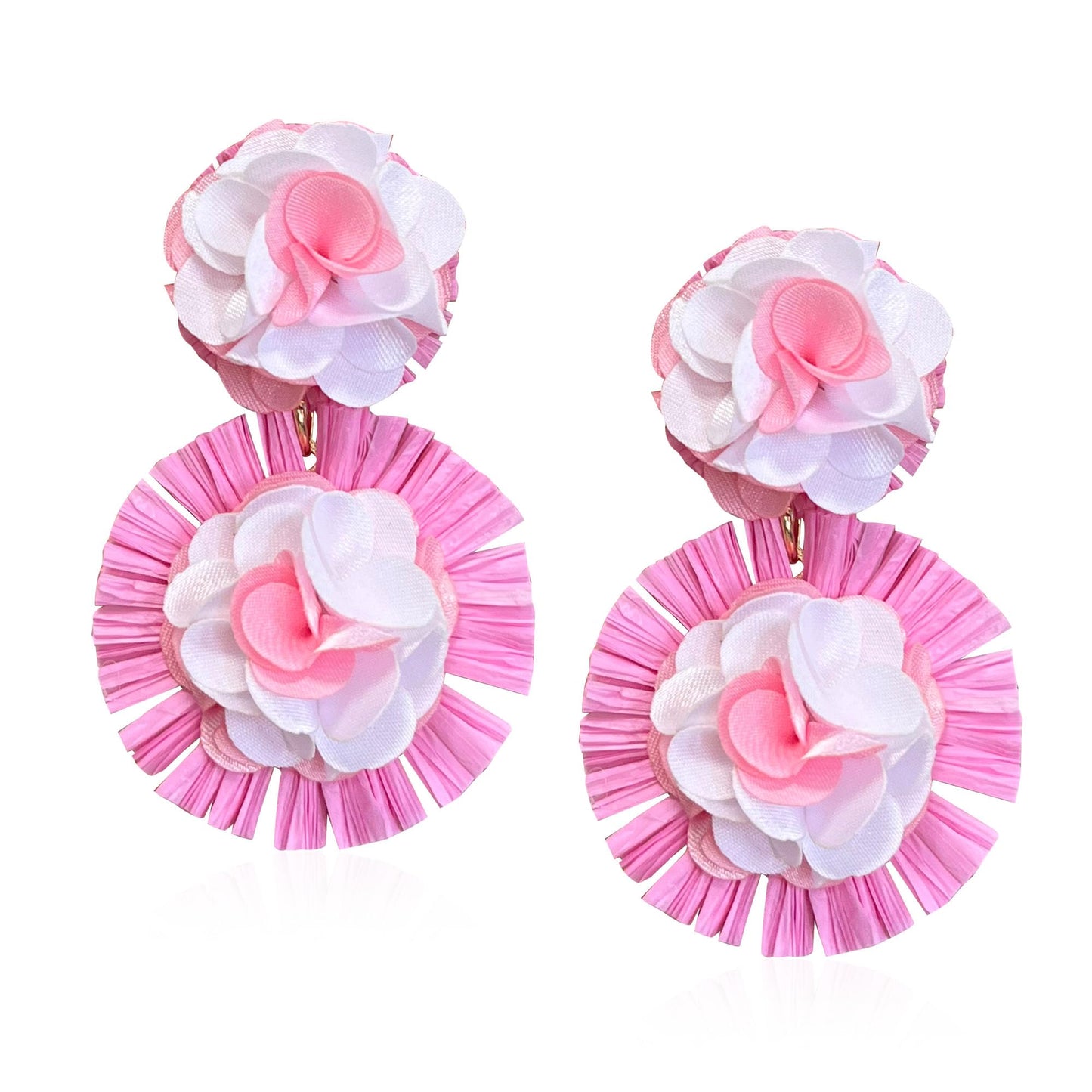 Raffia Flower Earrings Raffia Straw Wrapped Hot Pink Flower Drop Dangle Earrings Summer Tropical Beach Jewelry