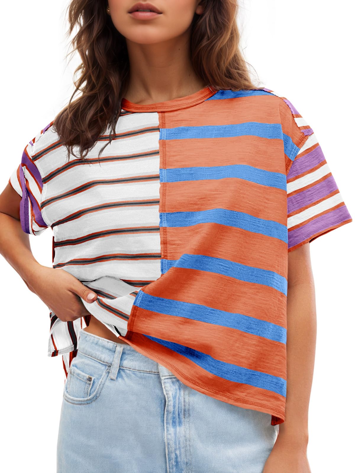 Tankaneo Womens Summer Striped Shirts Casual Color Block Short Sleeve Tops Loose Fit Crew Neck Tees