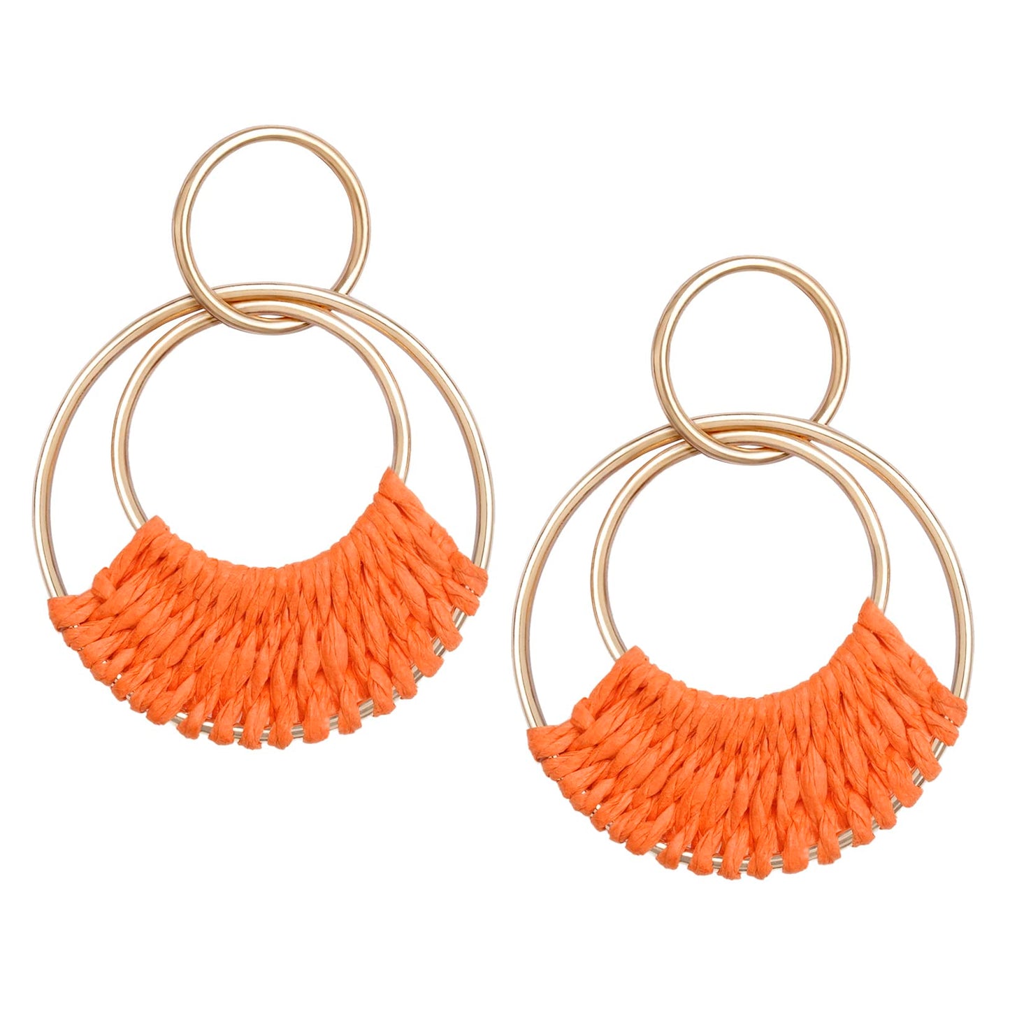Raffia Hoop Earrings for Women Fun Boho Summer Beach Earrings Lightweight Handmade Straw Wicker Rattan Dangle Earrings Statement Geometric Round Drop Earrings