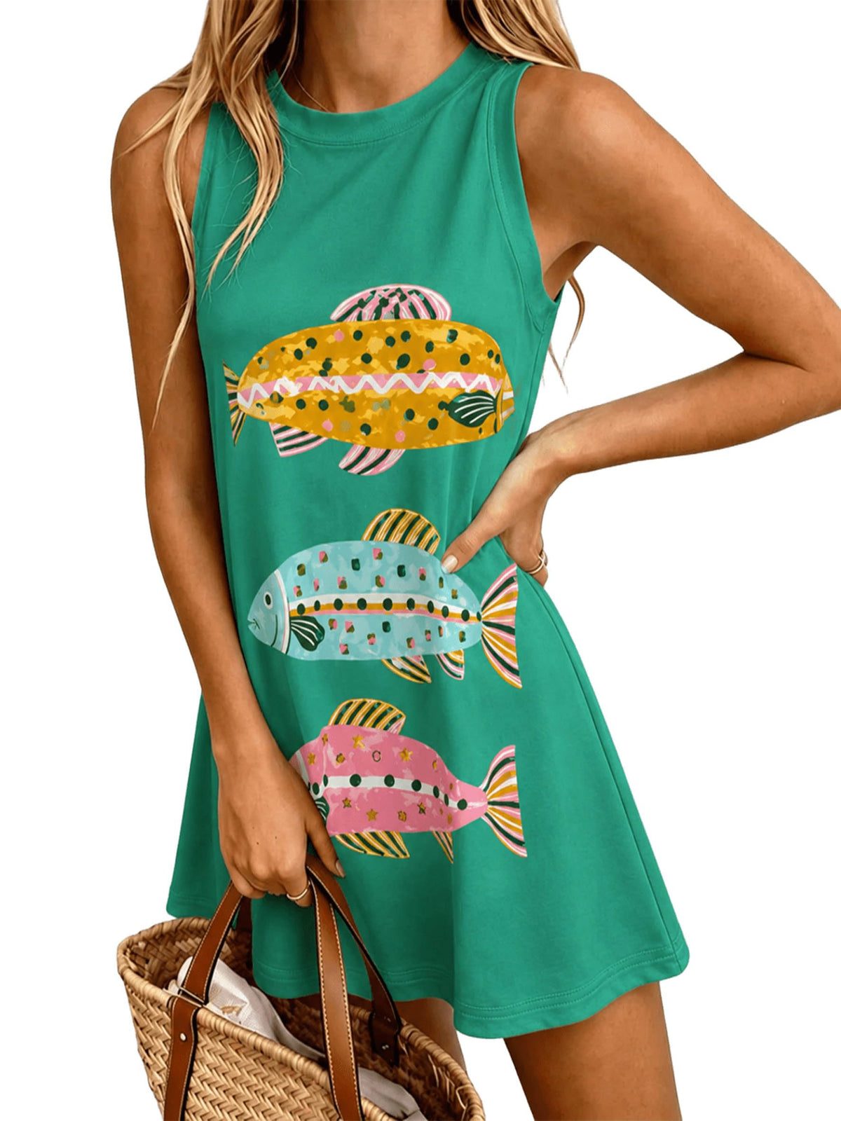 LOVESHOOT Womens Tank Dresses Summer Casual Mini Sleeveless Crew Neck Novelty Floral Printed Sundress Loose A Line Dress