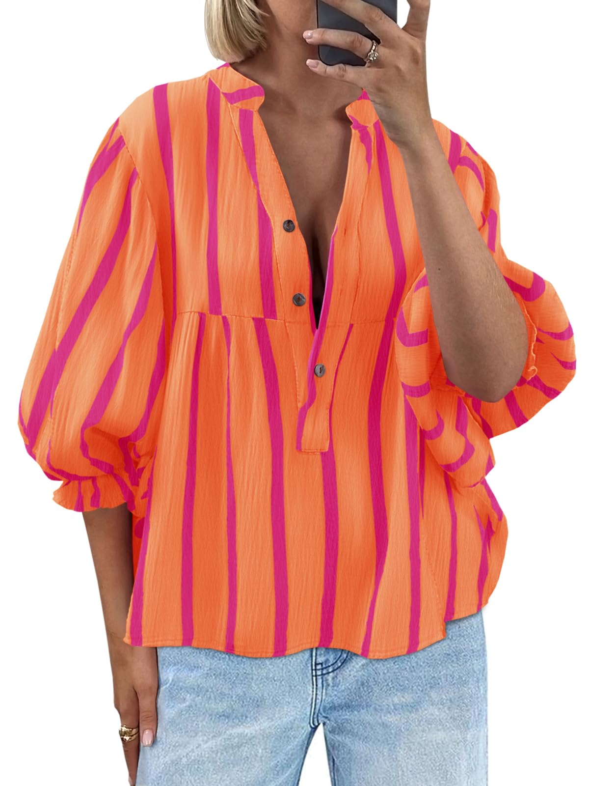 Tankaneo Womens Puff Sleeve Summer Babydoll Tops Cute V Neck Striped Blouse | Casual, Loose Fit, Flowy Shirts, Button, Boho, Work, Dressy, Peplum Blouses