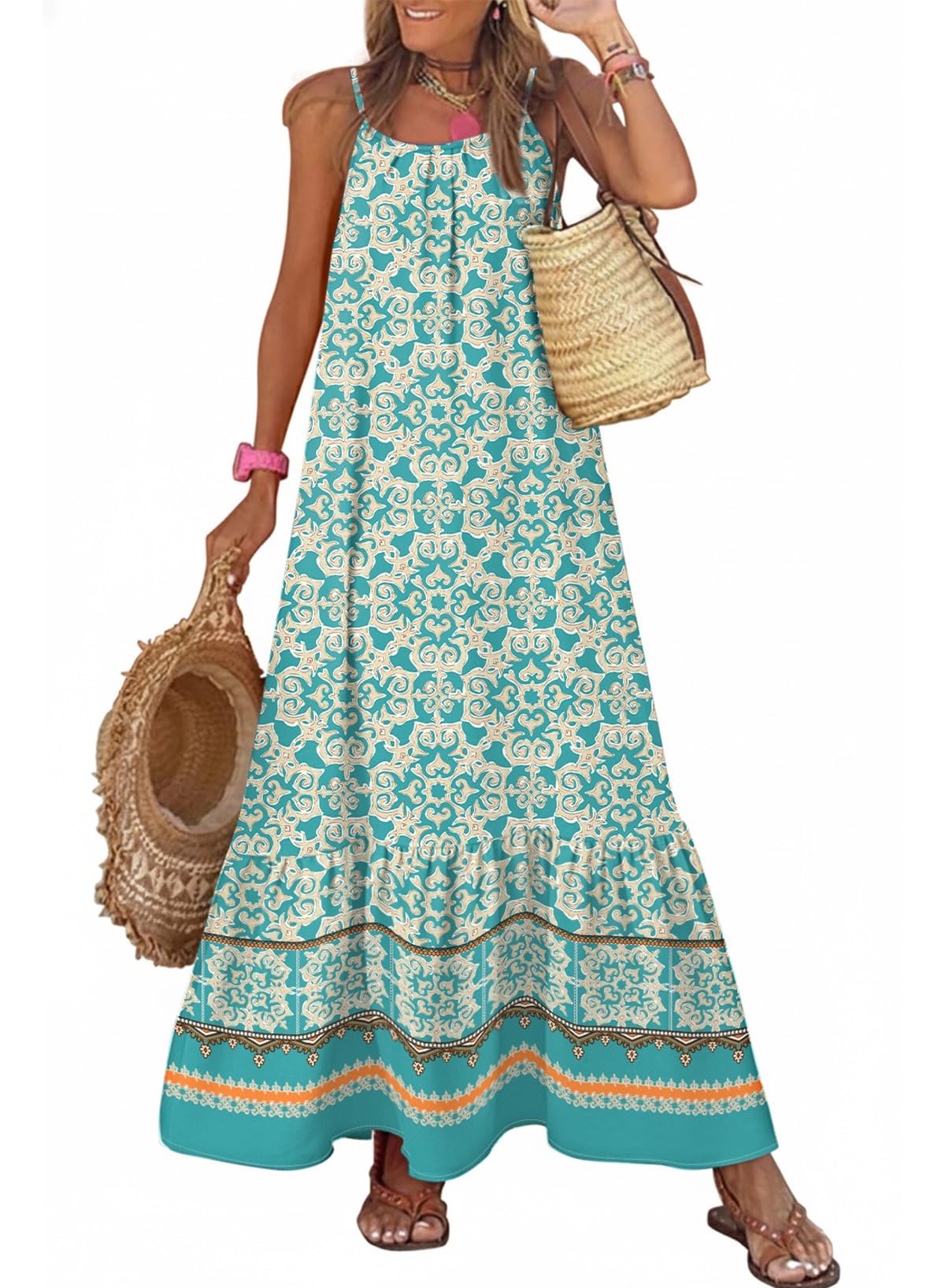 Dokotoo Women Summer Dresses Scoop Neck Ruffle Flowy Boho Maxi Dress | Spaghetti Strap Sundresses,Sleeveless,Beach Vacation Clothes,Ruffle A Line,Casual Boho Printed,Hawaiian Dresses,Wedding Guest