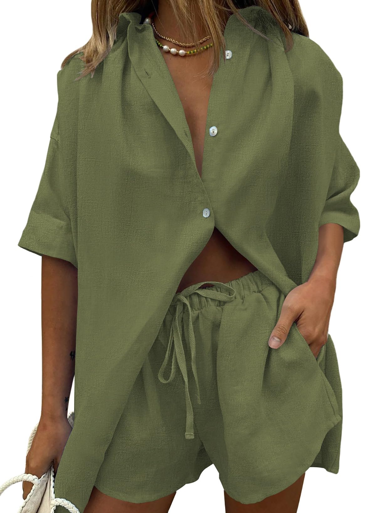 Fixmatti Women 2 Piece Outfits Long Sleeve Button Down Blouse and Shorts Sweatsuit Sets