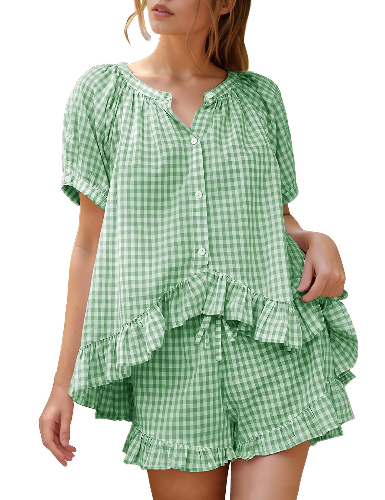 Flygo Cotton Pajamas for Women Gingham Set Lounge Sets | 100% Cotton, Plaid, Babydoll Top, Relaxed Fit, Puff Sleeve, Shorts, Pockets, Summer, Sleepwear, Vacation, Wedding, Parties