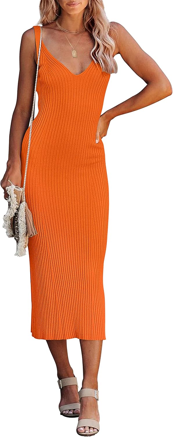 MEROKEETY Womens Summer Bodycon Deep V Neck Sleeveless Knit Midi Dress 2026 | Ribbed, Stretchy, Sexy, Long Tank Sweater Dress, Baby Shower, Gender Reveal, Bump-friendly, Maternity, Date Night, Vacation