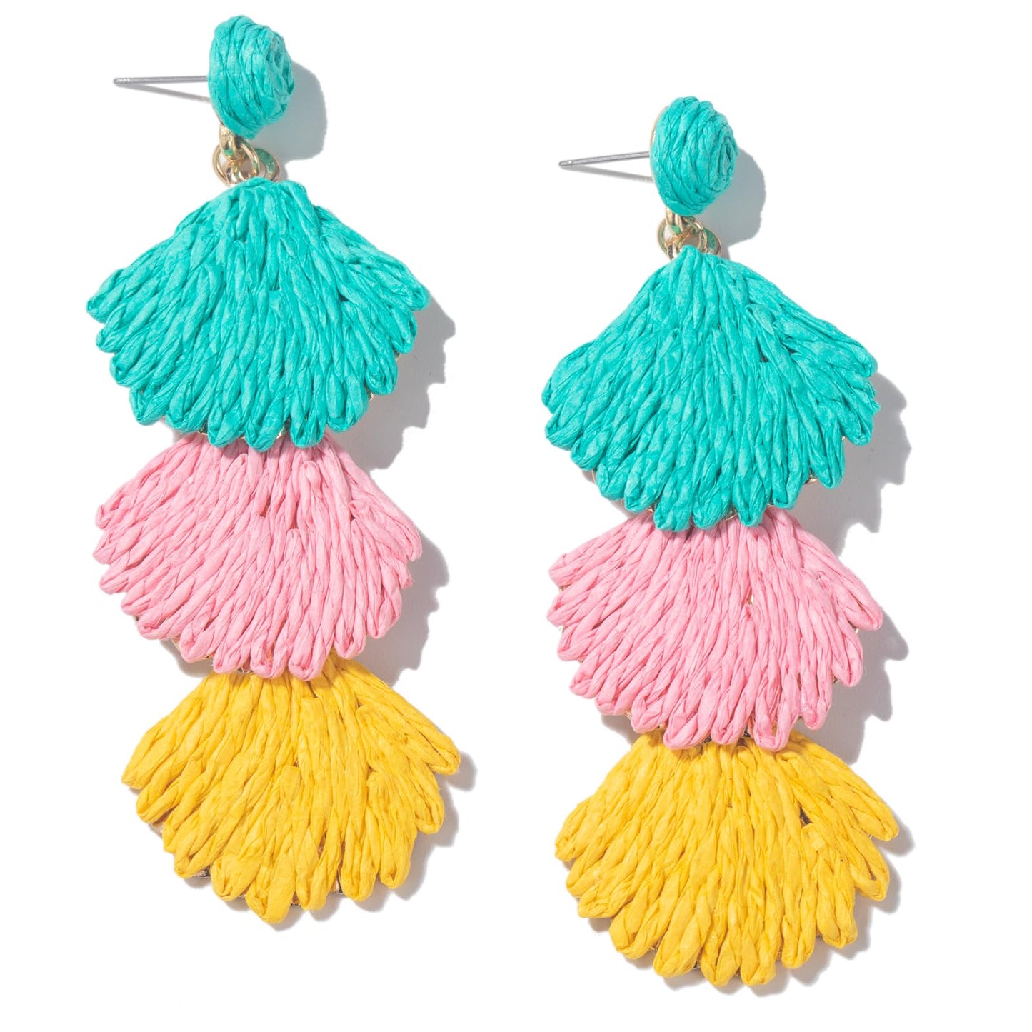Raffia Starfish Seashell Dangle Drop Earrings Boho Summer Beach Jewelry | Fun Colorful Chunky Statement Long Big Shell Accessories Beachy Tropical Vacation Outfits for Women Trendy