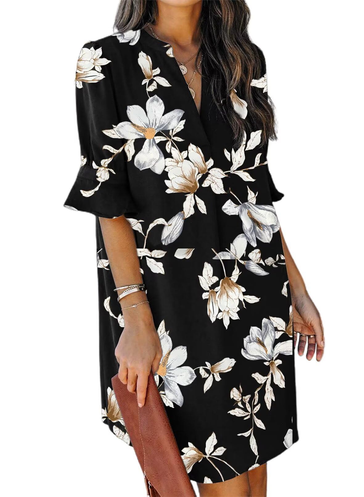 QACOHU Womens Summer Casual V Neck Shift Mini Dress | Flowy Swing Basic Dress, Ruffle Short Sleeve, Floral Boho Style, Wedding Guest Daily Work Clothes, Beach Vacation Outfits