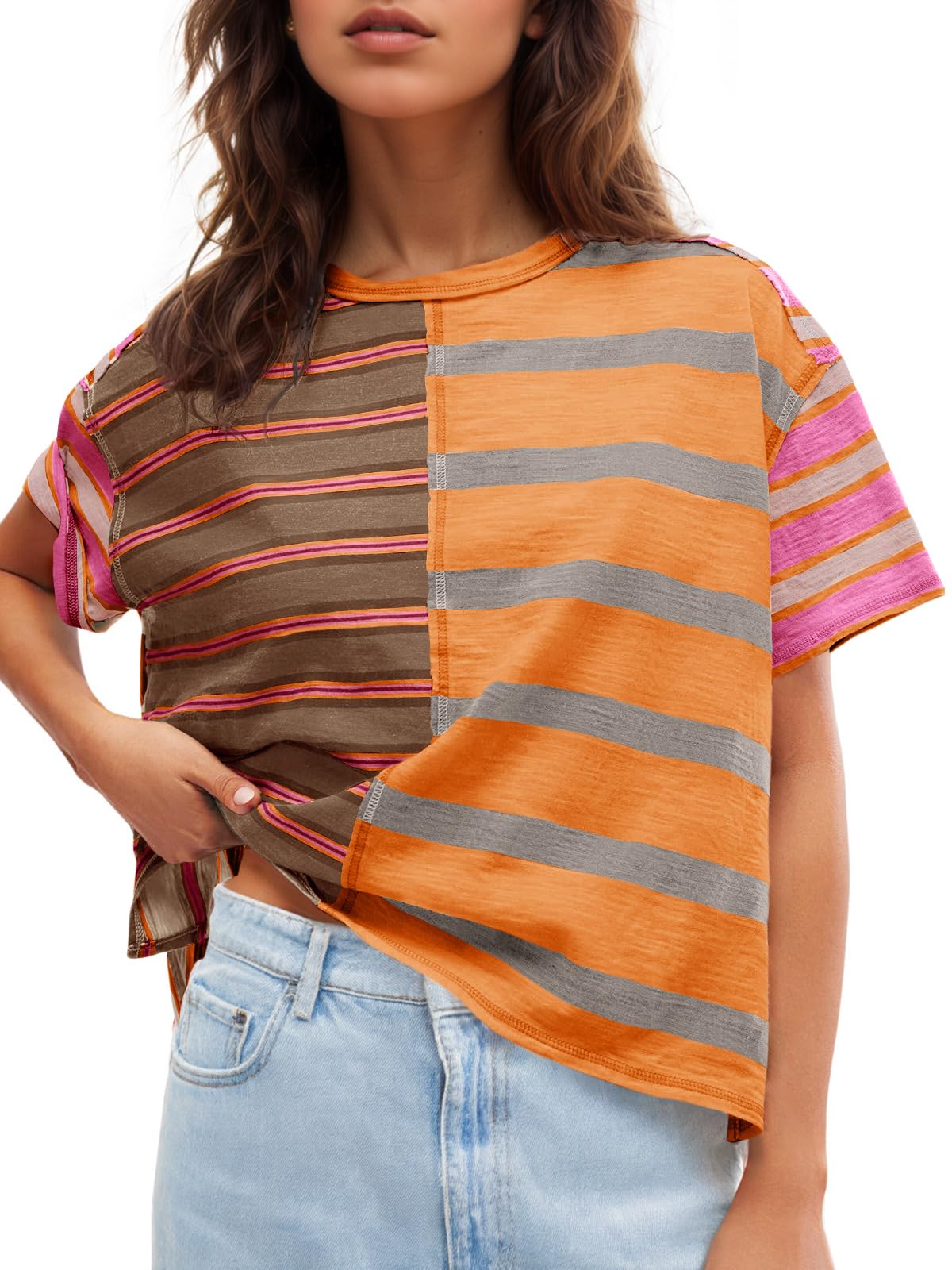 Tankaneo Womens Summer Striped Shirts Casual Color Block Short Sleeve Tops Loose Fit Crew Neck Tees