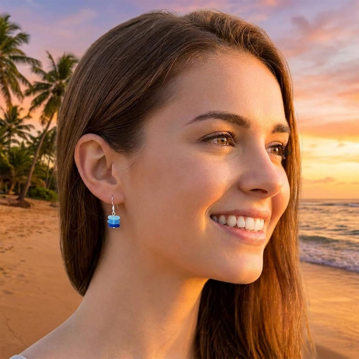 1 Pair Sea Glass Drop Dangle Earrings, Blue White Three Layer Gradient Handmade Sea Glass Jewelry for Women Beach Coastal Vacation